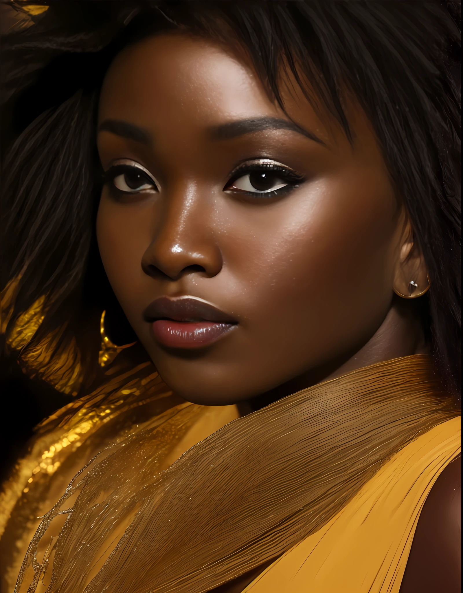 ((masterpiece)), 8k resolution, ultra-realistic studio photography, close-up of a beautiful African woman, (soft skin),(black eyes),(well-detailed eyes),(shiny black hair),(fleshy lips),studio light, afro hairstyle." neutral background