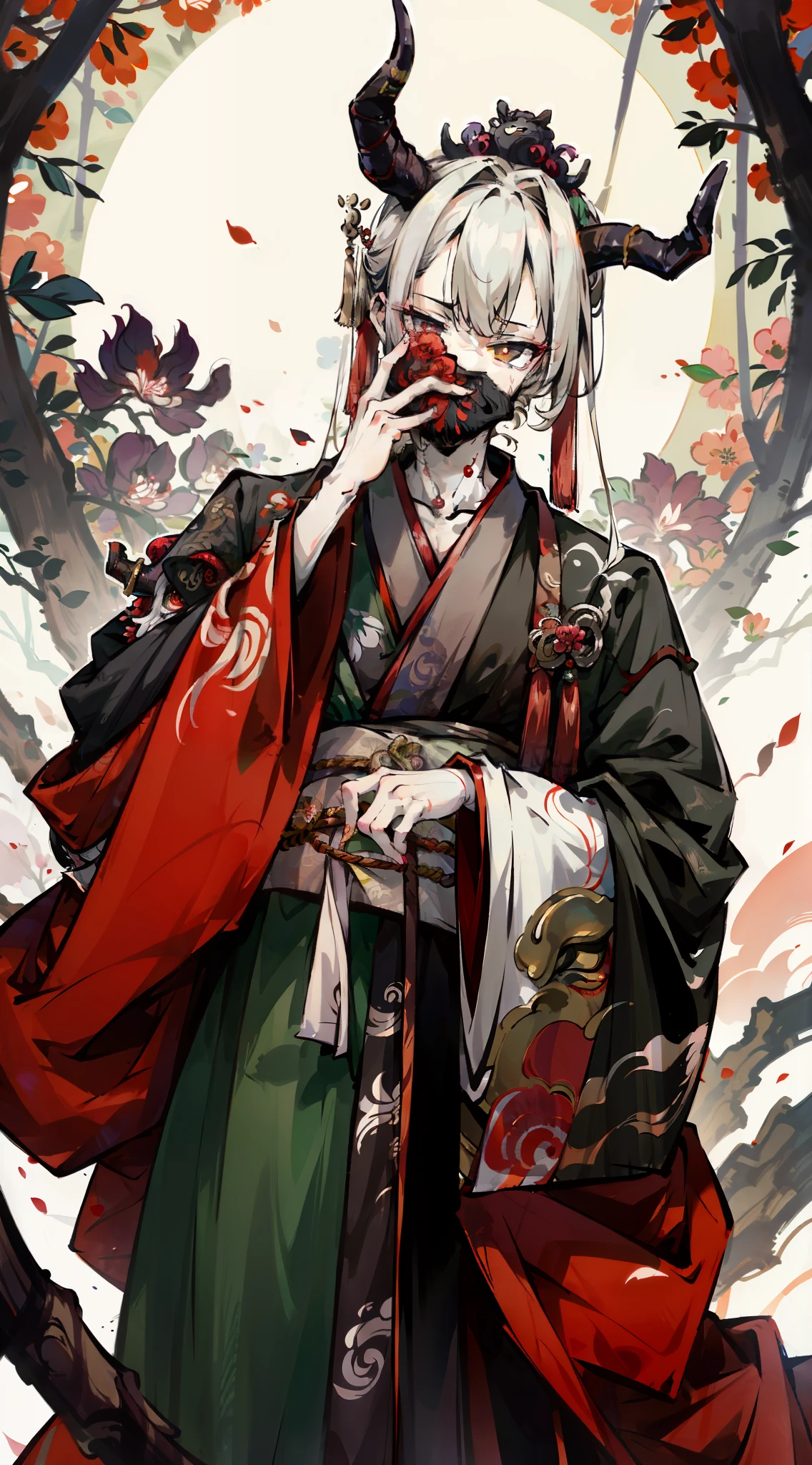 A man who is extremely ugly,Cover the face,Wearing ancient Chinese robes,There are horns on the head,Ugly,The image of a youkai,rich colours,Dark background,Wilted flowers and trees,best qualtiy,8K