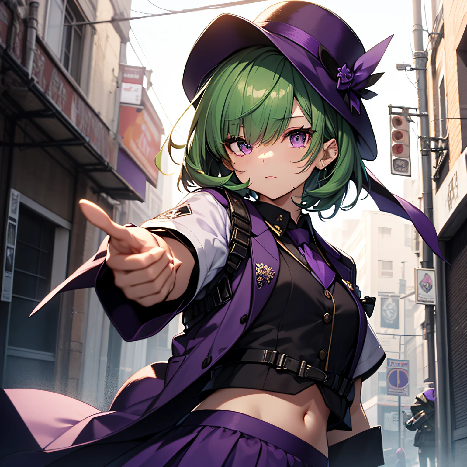 top-quality、extremely delicate and beautiful、(A age girl)、Purple Eye、Green hair、short-haired、(Purple pointy hat)、Purple tie、Soio、shortsleeves、Purple skirt、Navel,Tactical Vest、shortsleeves、Purple skirt、Holding a pistol in his right hand、Point a handgun