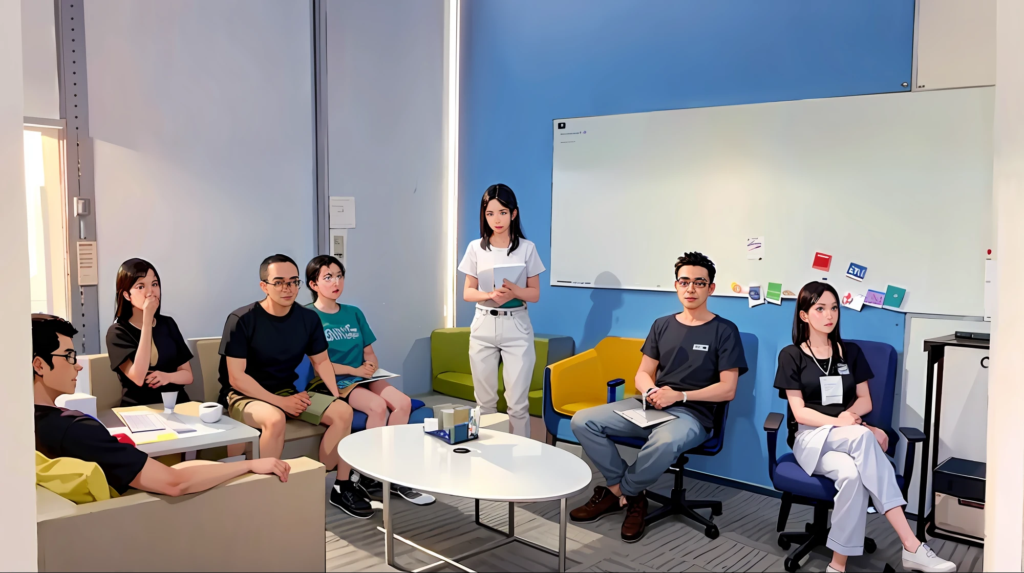 Several people sat in a room,Holding a whiteboard and laptop,