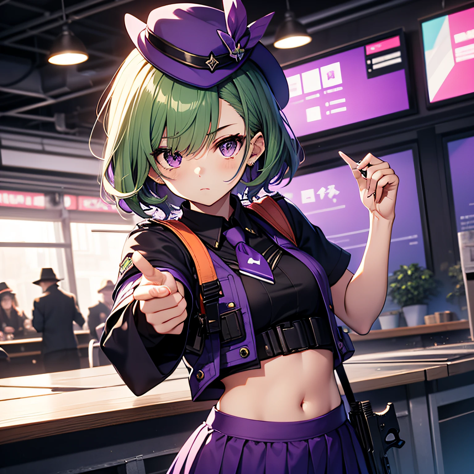 top-quality、extremely delicate and beautiful、(A age girl)、Purple Eye、Green hair、short-haired、(Purple pointy hat)、Purple tie、Soio、shortsleeves、Purple skirt、Navel,Tactical Vest、shortsleeves、Purple skirt、Holding a pistol in his right hand、Point a handgun