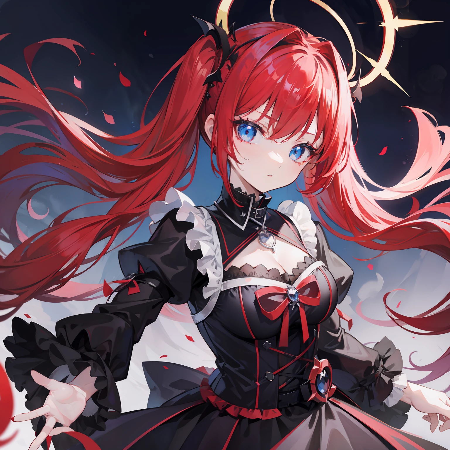 Red hair, Blue eyes, twintails, Goth Lolita, Darkgoth, Collar,Crown tiara,pride,solo,loli,Long hair,halo,vine