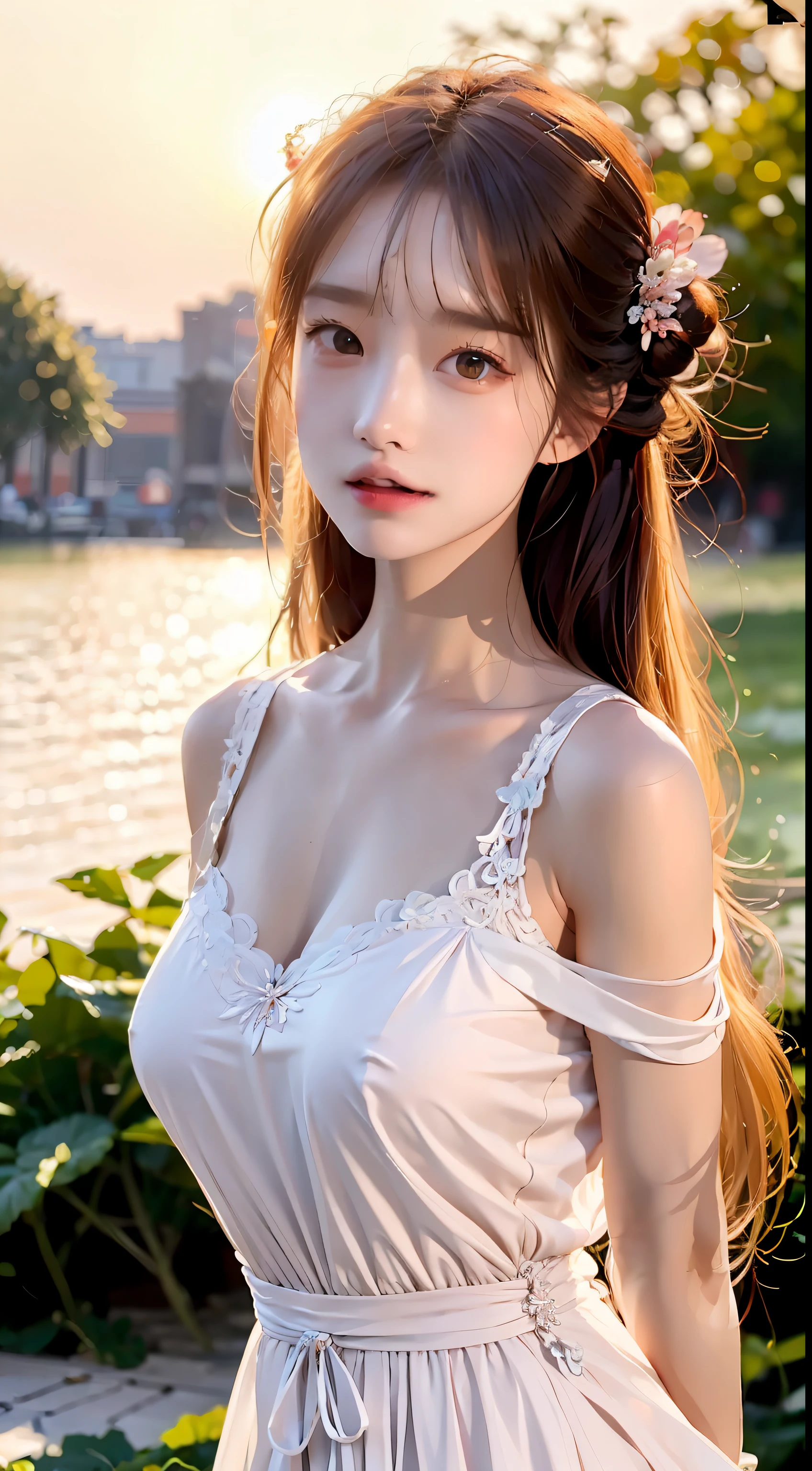 tmasterpiece,best qualtiy,(realisticlying,photo-realistic:1.37),8K,an extremely delicate and beautiful,astounding,finedetail,offcial art,absurderes,Incredibly Ridiculous res,hugefilesize,ultra - detailed,extremely detaile,Beautiful Meticulous Girl,1girll,(perfect female shape),full bodyesbian,middle breasts,shift dresses,Lace,The sun shines from behind