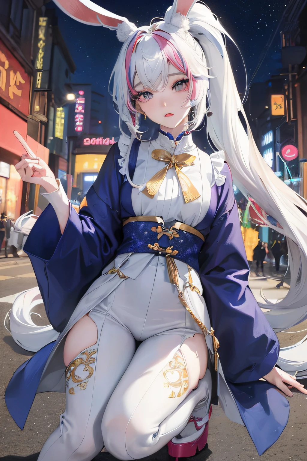 offcial art, Masterpiece, Sharp focus, (Beautiful gorgeous lovely Korean women:1.3), (beautiful lovely Korean people:1.3), Korean beauty, Delicate and beautiful hair and eyes and face, Realistic, Ultra detailed, Beautiful girl, Blue sky, Luminous white particles, Single girl decorated in street fashion style, Rock Wild Harajuku style. She wears warm-legged pants and big platform shoes, Her hair is combed into a high ponytail. The scene is set at night, Hairpins, Accessories, Rabbit ears have patterns inside, streaked, Long socks, Pale skin, hair adornments, epic landscapes