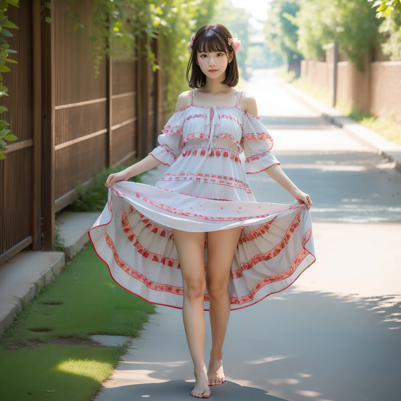 Woman in summer dress，Height 1.8 meters，Tall，Thick bangs，Barefoot，Eye makeup，perfect bodies