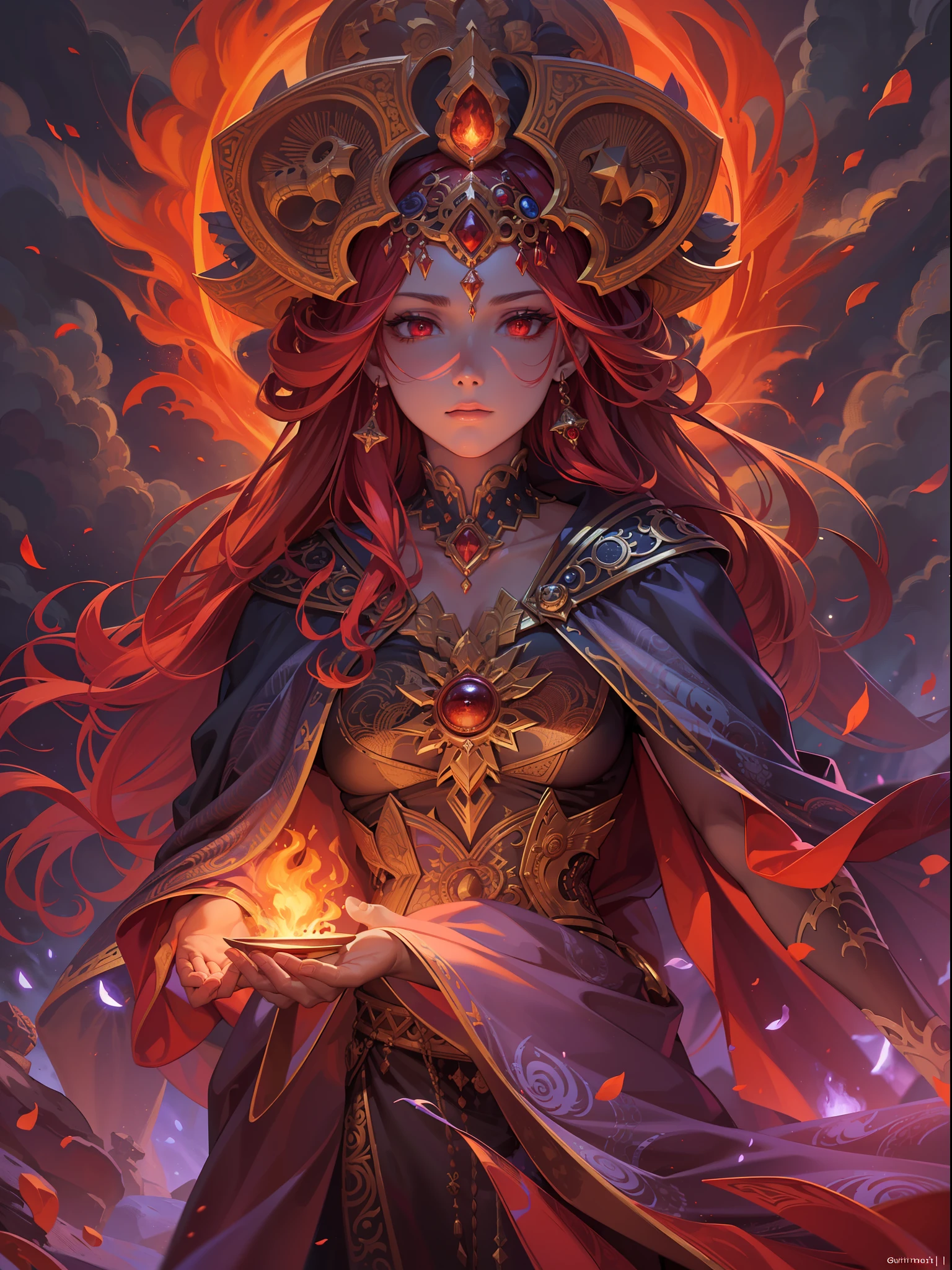 high details, best quality, 8k, [ultra detailed], masterpiece, best quality, (extremely detailed), full body, ultra wide shot, photorealistic, fantasy art, dnd art, rpg art, realistic art, an ultra wide picture of a female human (1.5 intricate details, Masterpiece, best quality) godess of fire  ((fiery radiant aura)), controlling a swirling fiery red radiant magic (1.5 intricate details, Masterpiece, best quality), manipulating purple radiant magical symbols, [[divine symbols]] (1.5 intricate details, Masterpiece, best quality), human female, red  hair, long hair with aura, hair with red radiant eyes, intense eyes, ((radiant eyes)), (( red glowing eyes)), dynamic clothing, fantasy volcano back ground, stresms of lava,  celestial  background, ((divine worship atmosphere)), high details, best quality, highres, ultra wide angle