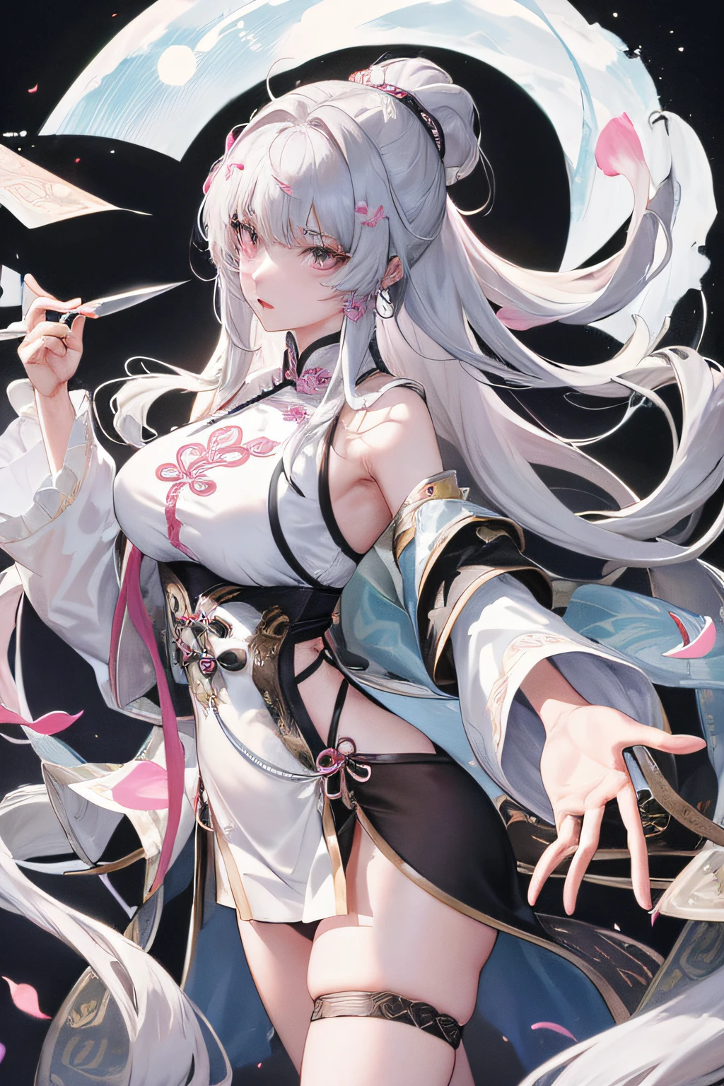 8K, Masterpiece, Best quality, Night, full moon, 1 girl, Chinese style, Chinese architecture, Mature woman, sister, Silver white long haired woman, Long hair, Light pink lips, calm, logical, bangs, Gray pupils, assassins, Fan, Knife fan, petal dancing, Delicate face,
