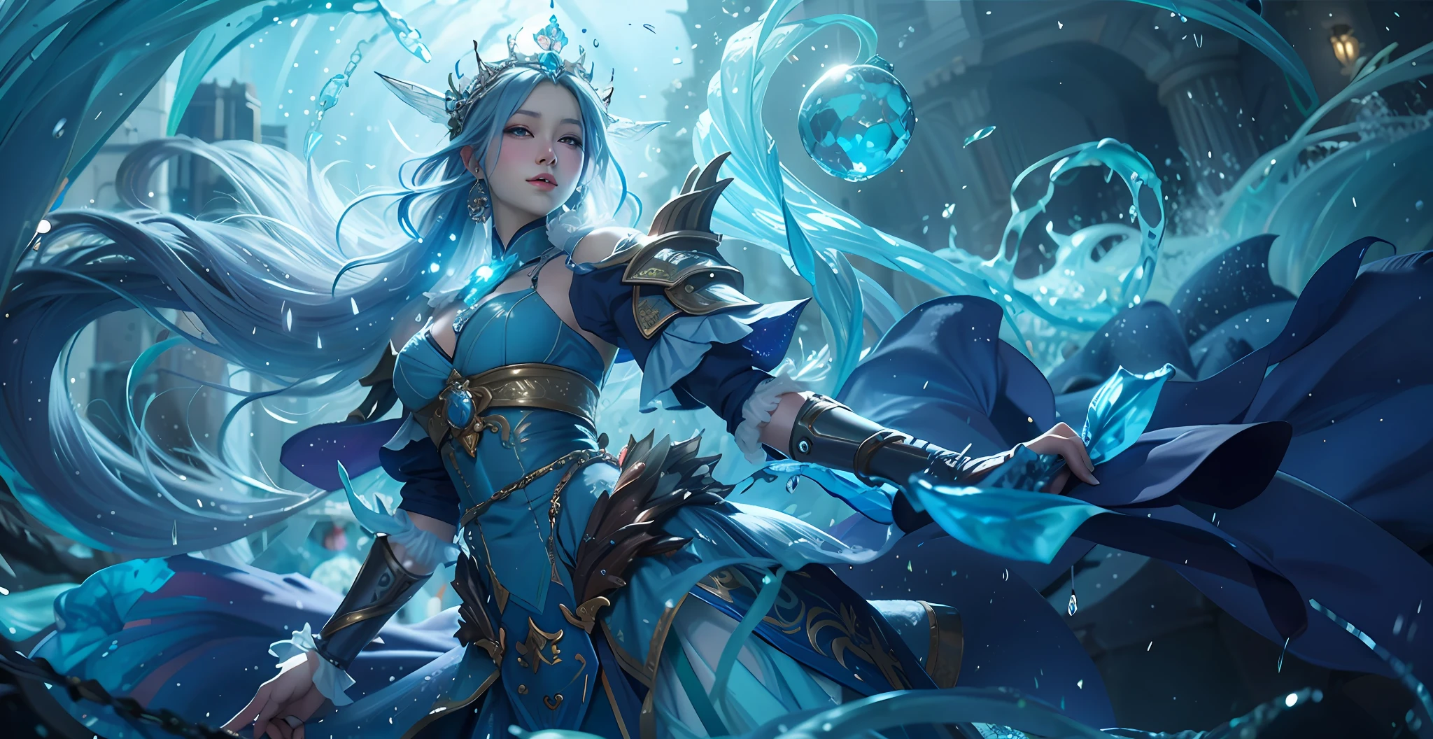 Close-up of a woman in a blue dress, Crown on head,Blue hair,queen of the sea mu yanling, Irelia, Splash Art, league of legends splashart, ice sorceress, IG model | Art germ, crystalline skin, Ashe, league of legends splashart, Official Splash Art, as seen on artgerm, artgerm detailed