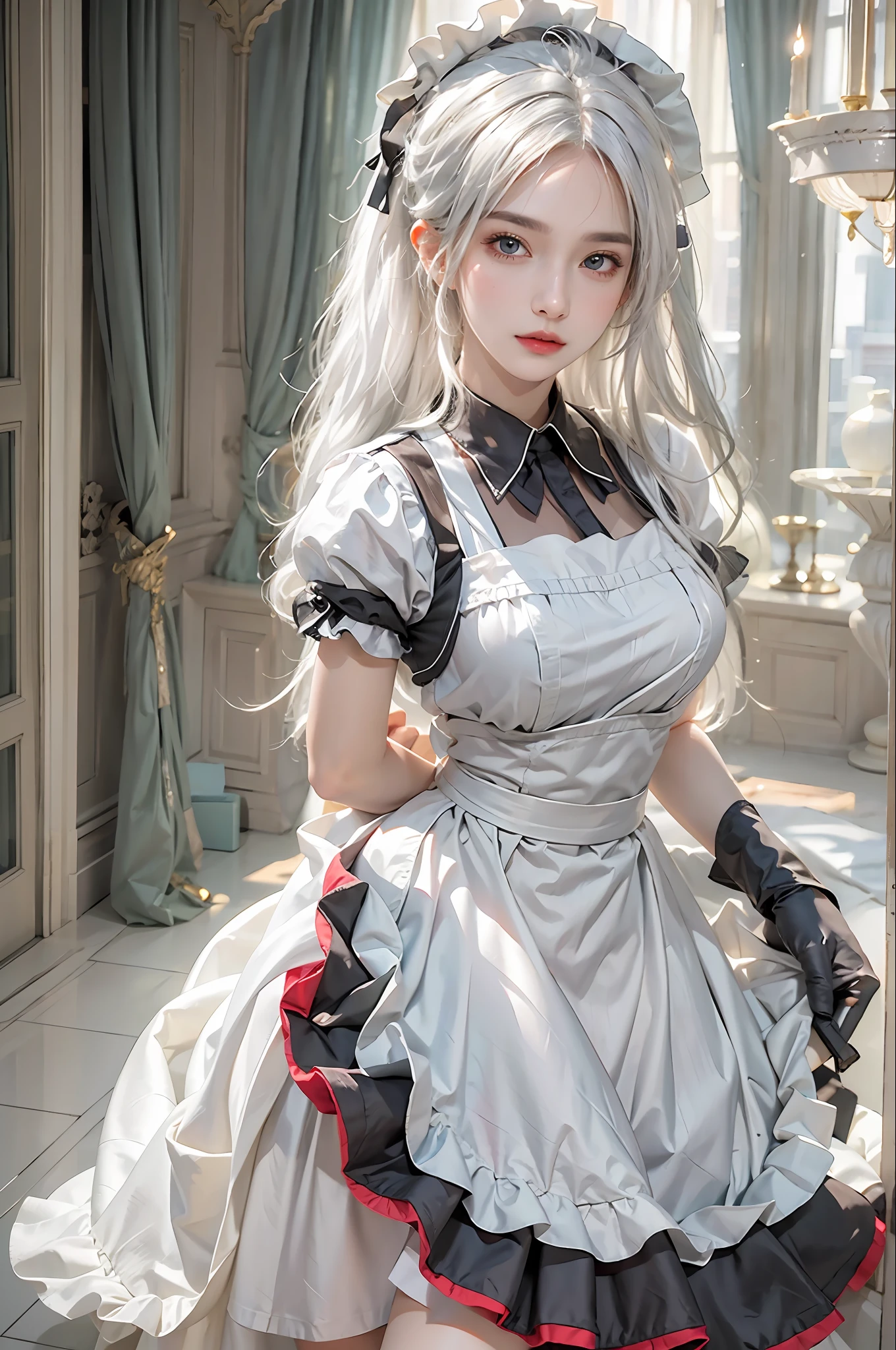 photorealistic, high resolution, 1women, solo, hips up, look at viewer, (detailed face), white hair, long hair, maid costume