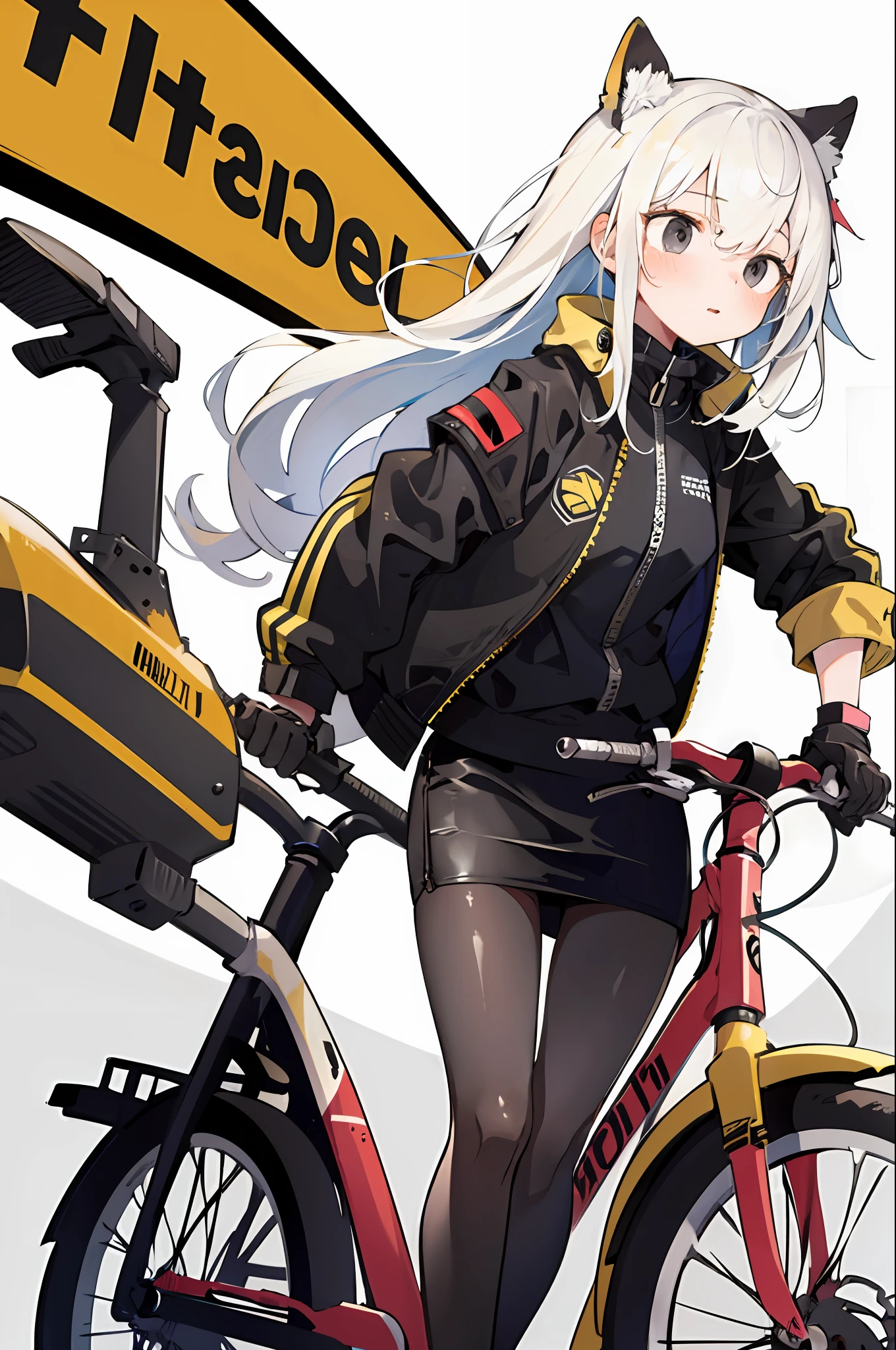 (Masterpiece, Best Quality:1.3), 1Girl, (Black Rider Jacket:1.26), Black pencil skirt, motorcycle, Driving gloves , Beige hair, Long hair, Shaggy Cut, Black eyes, sexy