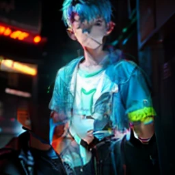 portrait photo of a cyberpunk boy under neon lights, cyan and orange highlights, street photography, lifestyle, wet street --ar 16:9 --testp --upbeta