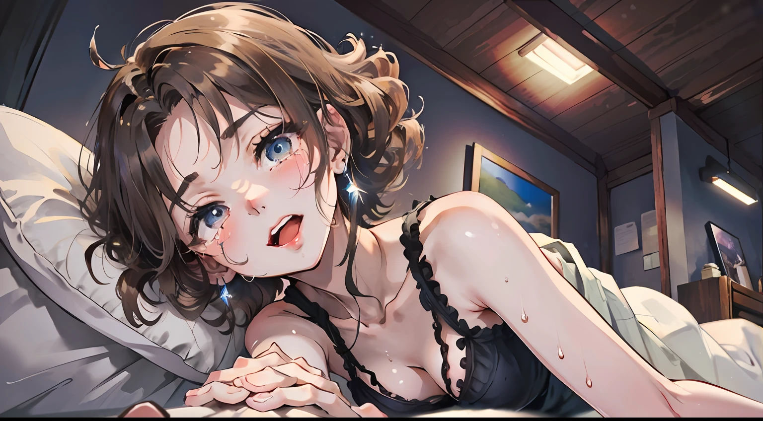 Highest image quality, Super A High Definition, Slightly stiff , looking upwards , uniform, open dress, Cute underwear, Realism 1.4, Lying on your back, Spread legs, fair-skinned beauty, SEX, bed, Holding hands, 8K resolution, girl, (Brown hair) : 1.3), Dynamism, disheveled hair, Natural Wave Perm, Constricted waist, (Korean Women: 1.2), (Real eyes: 1.2), (Beauty: 1.3), slim slender body, sweat all over, Chest cleavage, (tongue) ) Outside/Open mouth: 1.2), Happy face, Tears, Dark room, Shot from below