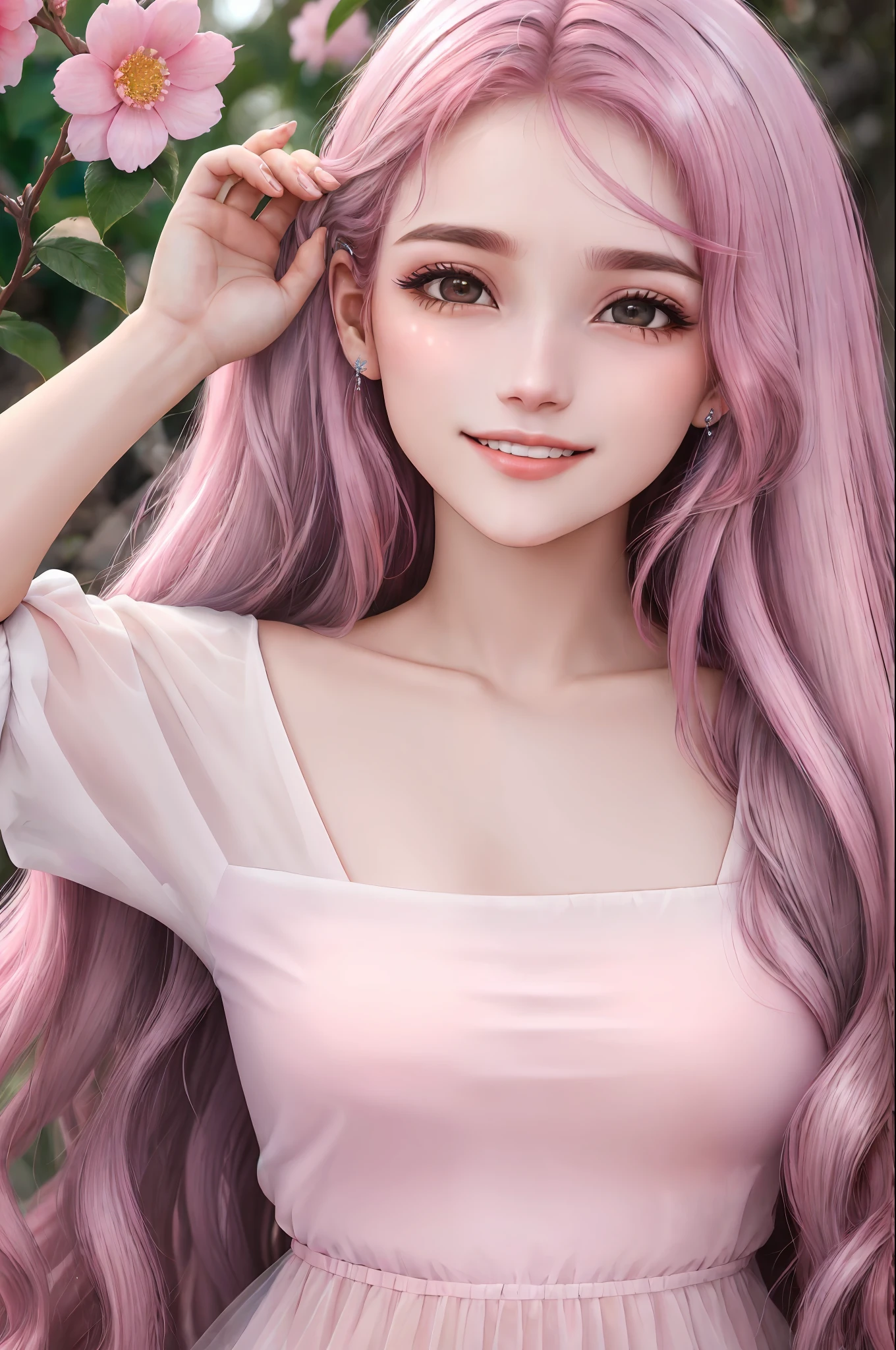 Mulher jovem com idade de 21 anos, fada, cores claras e vibrantes, roupas brilhantes e compostas, asas transparentes e vibrantes atras das costas, long, flowing pink hair, rosto angelical e sorridente, fantastico, fantasia, flores brilhantes ao redor, pequenas luzes ao redor