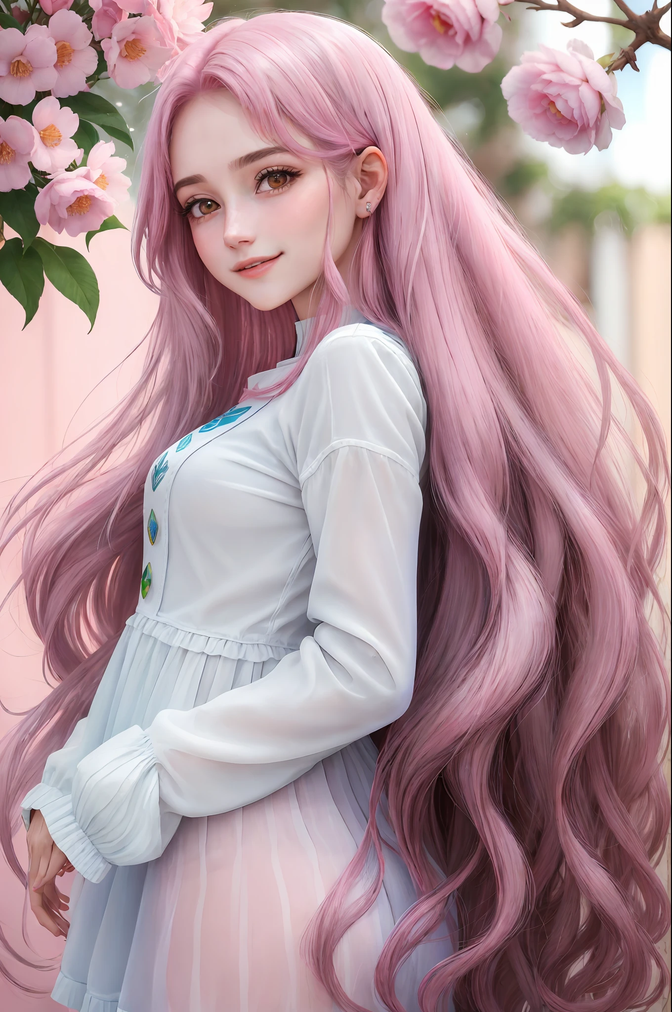 Mulher jovem com idade de 21 anos, fada, cores claras e vibrantes, roupas brilhantes e compostas, asas transparentes e vibrantes atras das costas, long, flowing pink hair, rosto angelical e sorridente, fantastico, fantasia, flores brilhantes ao redor, pequenas luzes ao redor