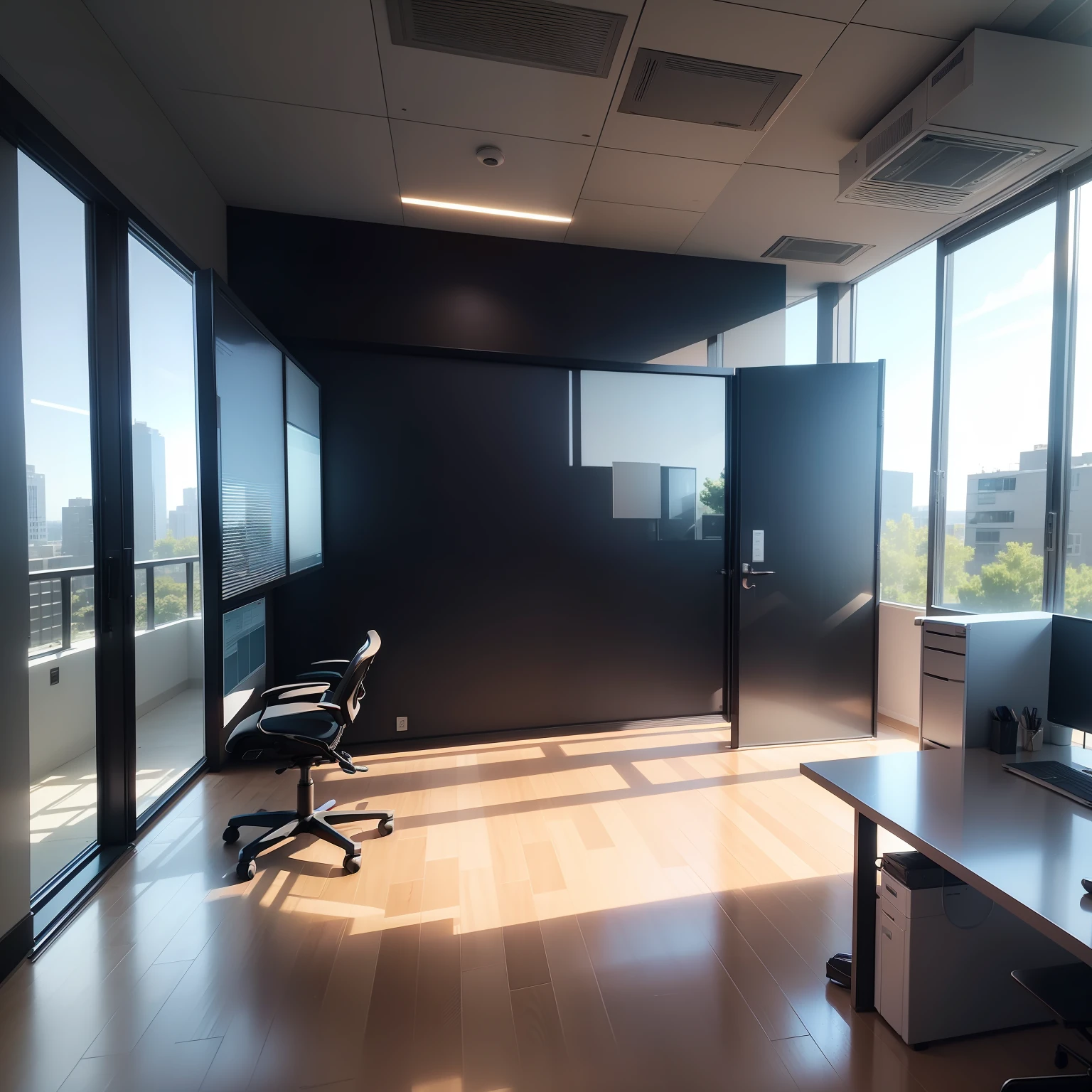 Office building, workspace, private space, technology, holographic screen, computer, desk and chair, cool metal stand
