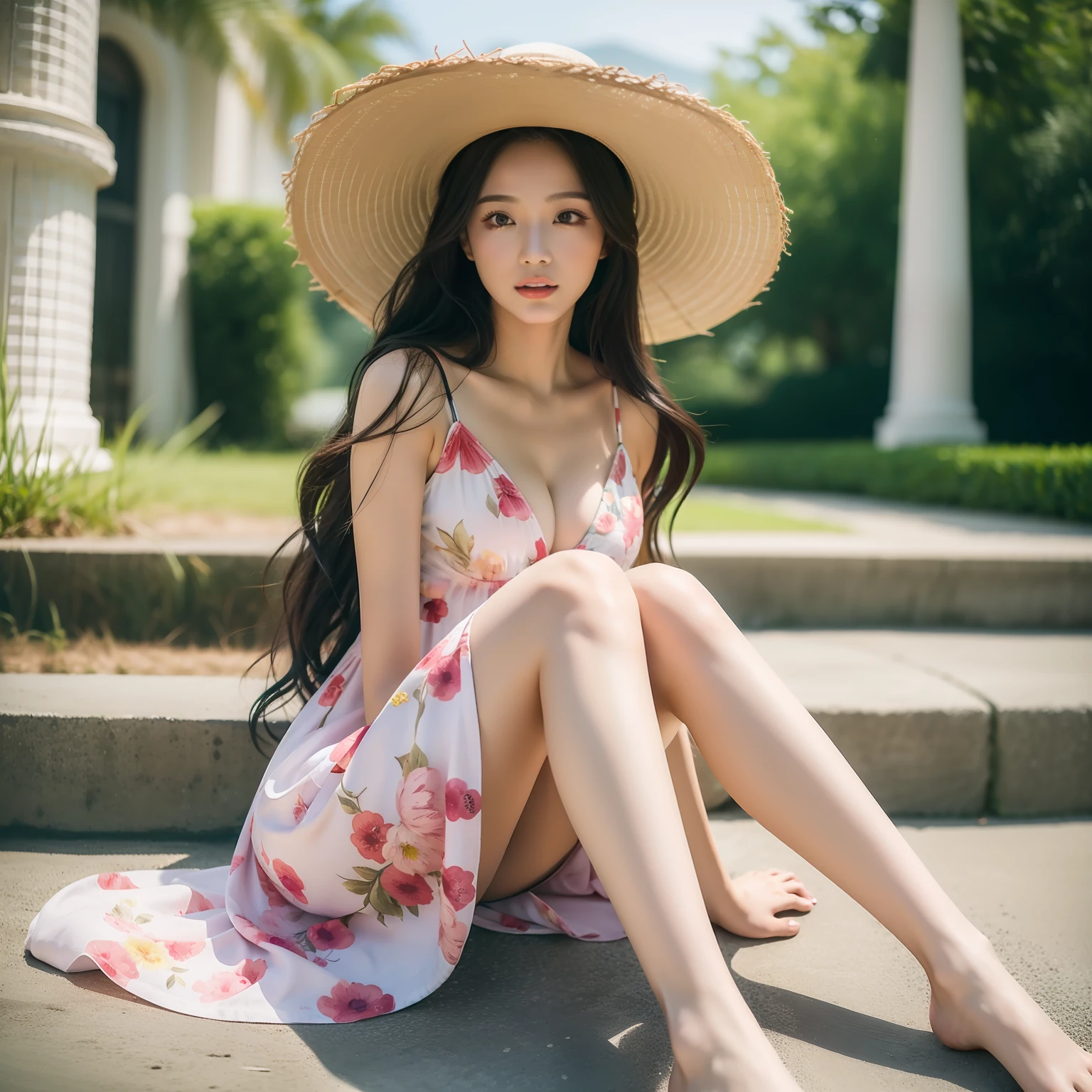 Hot summer,Woman in summer dress,Height 1.8 meters,Tall,Nice hairstyle,Barefoot,Eye makeup,perfect bodies,Wow the audience