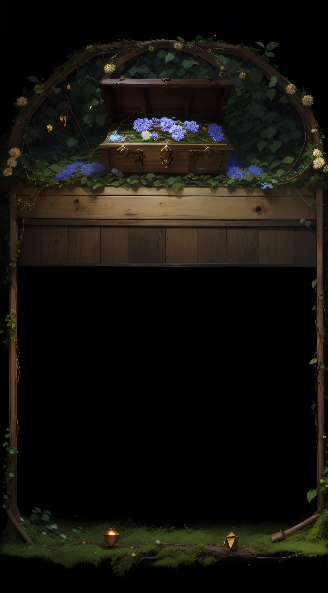 Wooden frame，Vines are entangled，A treasure chest in the middle，Stack diamonds，，Delicate diamonds，Plank brand，grassy fields，steins，foliage，Dropped fruits，the detail，Authentic details，Complex vines，Exquisite，photore，Realistic