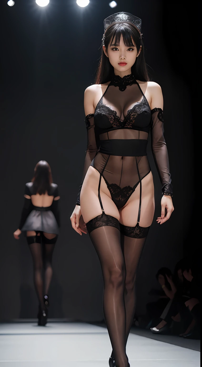 1 Asian woman wearing black stockings on modeling stand,full bodyesbian,catwalk,FASHION SHOW,MODEL SHOW,catwalks,mannequin,underdressing,lacepantyhose,Lace,Exquisite facial features,Photographic images,Photographic lenses,super high image quality,