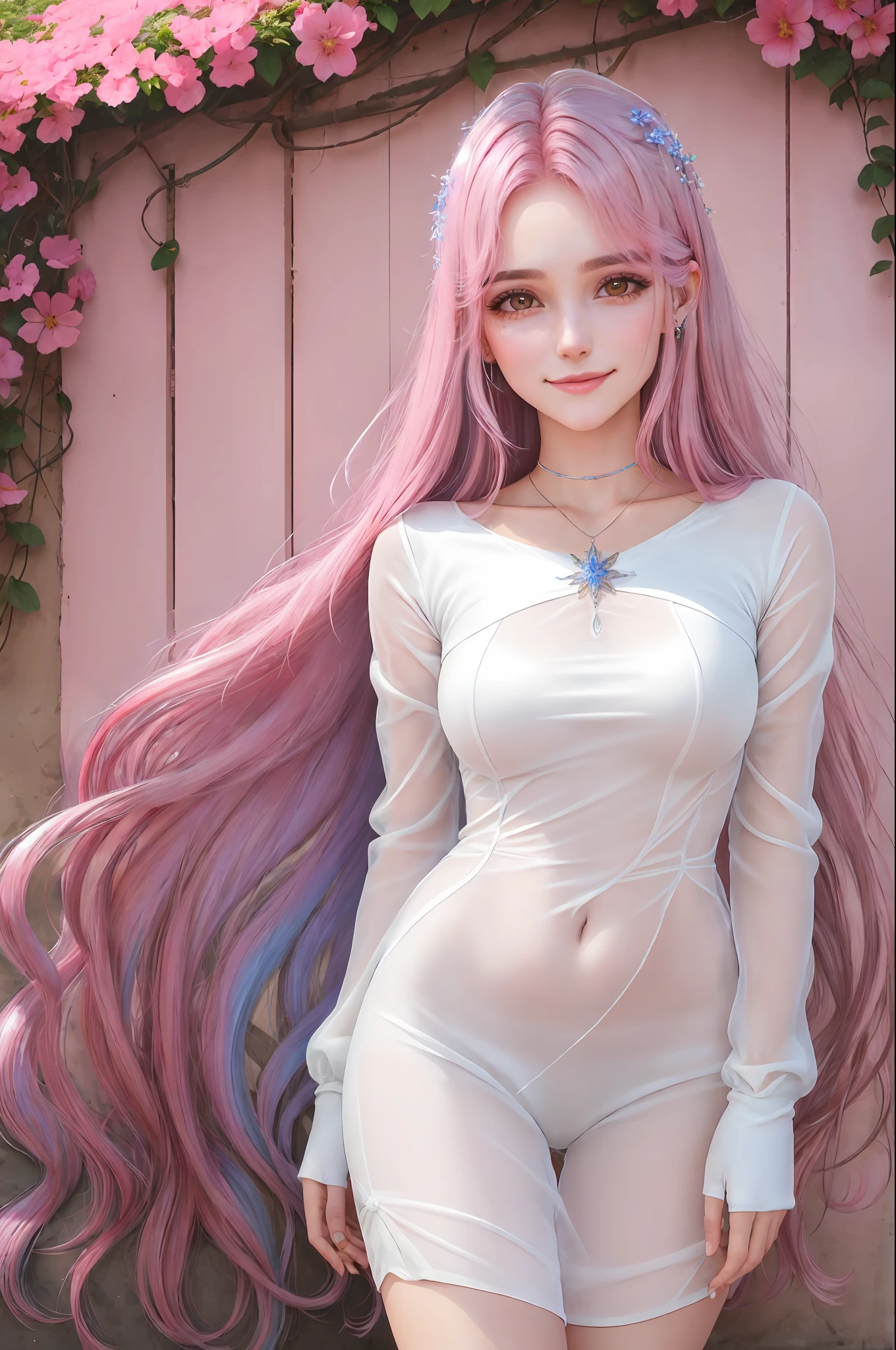 Mulher jovem com idade de 21 anos, fada, cores claras e vibrantes, roupas brilhantes e compostas, asas transparentes e vibrantes atras das costas, long, flowing pink hair, rosto angelical e sorridente, fantastico, fantasia, flores brilhantes ao redor, pequenas luzes ao redor