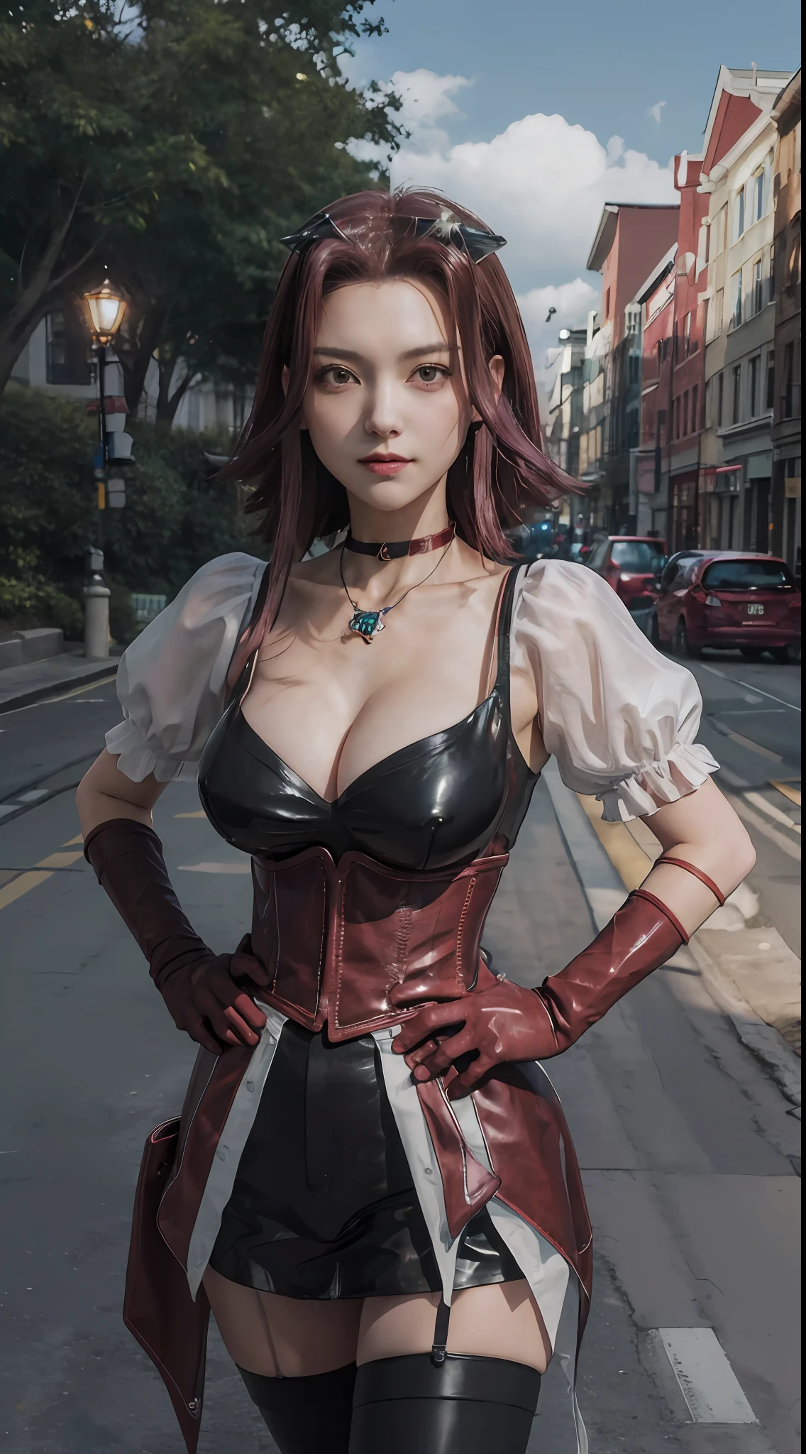 masterpiece, best quality, highres, aki1, izayoi aki, solo, gloves, elbow gloves, , jewelry, cleavage, choker, necklace, black thighhighs, black gloves, large breasts,standing, cowboy shot, outdoors, hand on hip, street, pointing, ((holding Yu-Gi-Oh card))