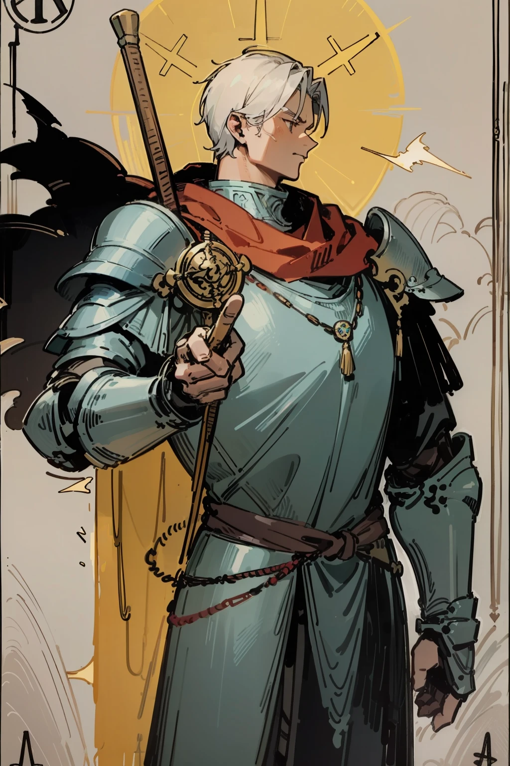 tarot card, the kight, tall man, muscle, number one on armor