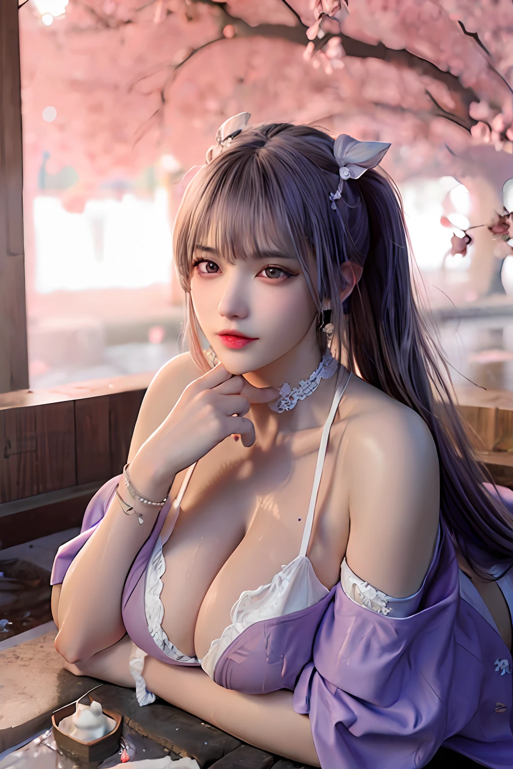 delicated best quality ,masterpiece, illustration, an extremely delicate and beautiful, extremely detailed ,CG ,unity ,8k wallpaper, Amazing, finely detail, masterpiece,best quality,official art,extremely detailed CG unity 8k wallpaper, absurdres, incredibly absurdres, huge filesize , ultra-detailed, highres, extremely detailed,beautiful detailed girl, extremely detailed eyes and face, beautiful detailed eyes, light on face,1girl, (Super realistic), ((( purple hair))) , (purple eyes), (Twin Tails), (Rabbit style (tied high on top of head)), ((jewelry)), (slave collar), (gem earrings),  (bracelet), (((describe the arm in detail))), (((Super boobs))), ((sagging breasts)), ((huge breasts)), (milk cow's udder), (armpit), ((Plump body)), (Big breasts), ((Plump boobs)),, (detailed description of hair), ((upper body)), (Bare shoulder), ((collarbone)), (off shoulder), (Shiny skin), (detailed description of face), (Extremely detailed description of the eyes), (detailed description of body), (white and translucent skin), peerless beauty, (extreme beauty), (red lips), (shy ), (seductive smile), (view from all sides), ((kimono)), ((long sleeves)), ((wide sleeves)), (((sexy lace lingerie))), (((cherry blossom))), (falling petal), (((Japanese hot spring)), the water surface is reflective, (any pose), (((soaked))), ((There is a lot of water on the body))))