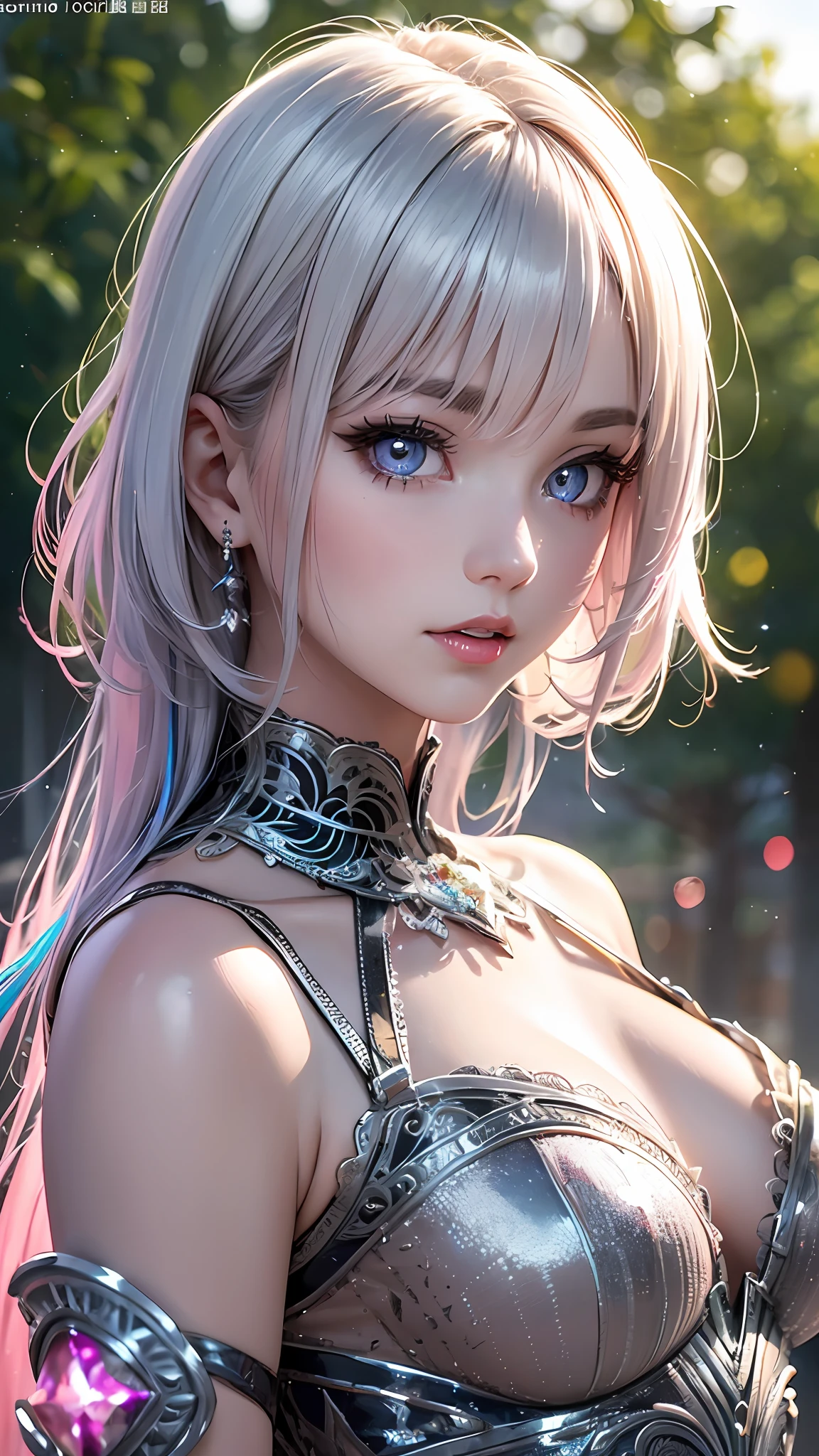 Realistic, Hyper Detail, Girls Only, Layered Bob, Dynamic Lighting, ((Bold imaginative pose)), (Glossy skin: 1.5), Masterpiece, Top Quality, Absurdity, Watching Viewer, (Blonde and Pink inner colored Hair), deep Purple Clear Eyes,((Beautiful, detailed eyes, jewel-like eyes, colorful eyes, sparkling eyes:1.3)), Slender, High Resolution, Sharp Focus, Depth of Field, Detail Eyes, Sharp Eyes, (Realistic Eyes)), outdoors, sunrise sky, (attractive delicate design river trimmed lace dress, (intricately patterned silver armor wearing): 1.3))