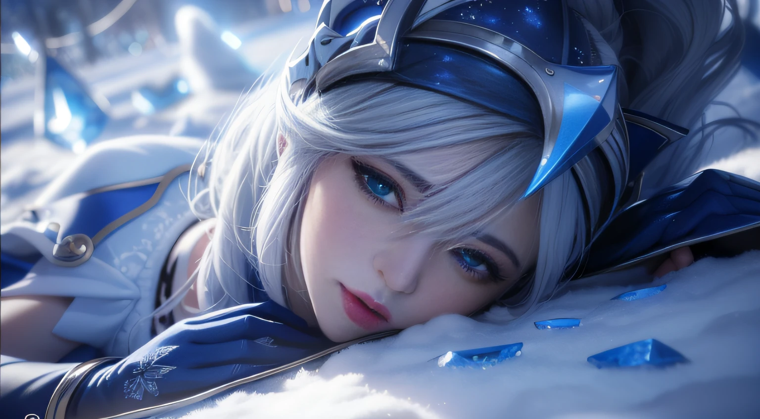 Arad woman lying on snow-covered ground in blue and white clothes, Art germ ; 3d unreal engine, IG model | Art germ, 4K anime wallpaper, Anime wallpaper 4 k, Anime wallpaper 4K, Fanart Meilleure ArtStation, trending on cgstation, Anime art wallpaper 4 K, Anime art wallpaper 4k, Ashe