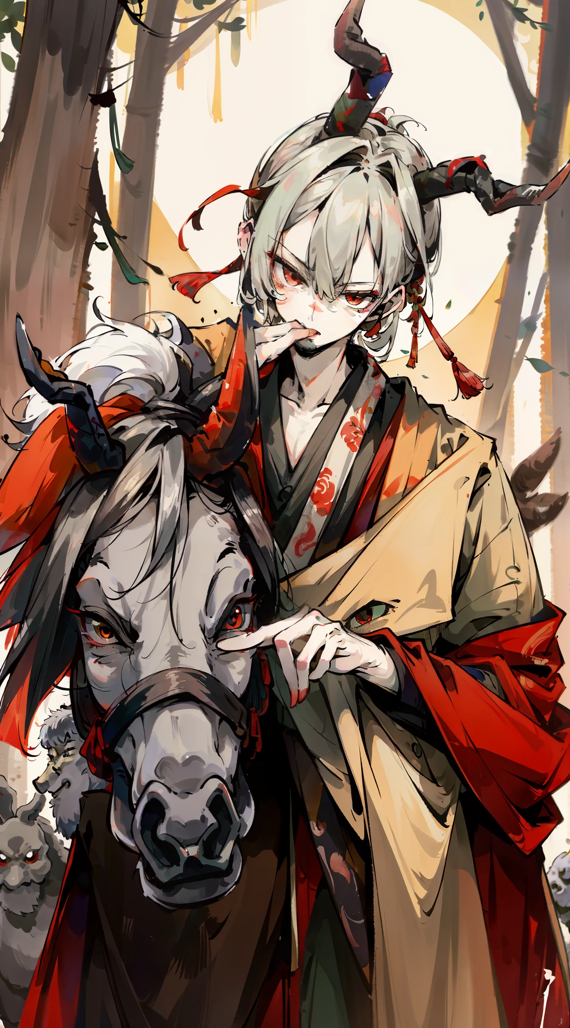 A man who is extremely ugly，Cover the face，Wearing ancient Chinese robes，There are horns on the head，Ugly，The image of a youkai，Next to it is a donkey，And a chicken，rich colours，Dark background，dim-lit ambience，dead tree，best qualtiy，8K