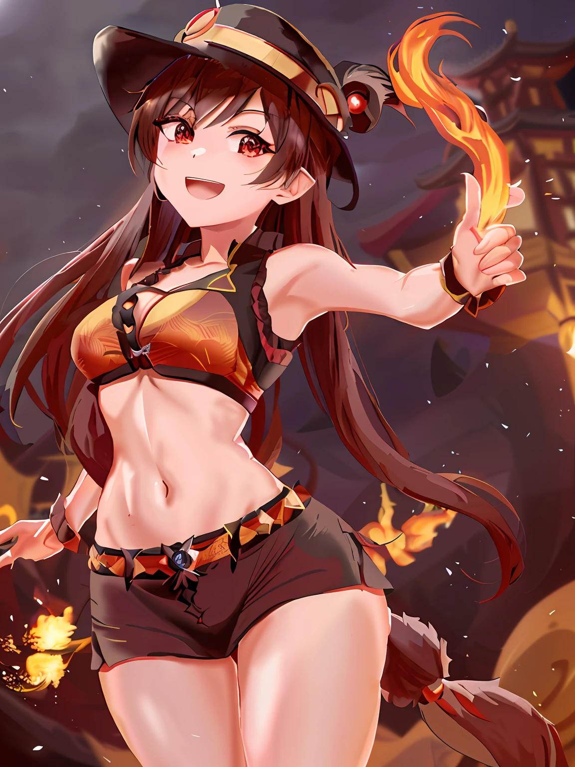 animemanga girl，With a hat and fire in his hand, flirty anime witch casting magic, Genshin Impact, Aromatic, megumin from konosuba, black-haired mage,Wearing a black dress, style of anime4 K, Fire!! full bodyesbian, Cute anime girl, Keqing from Genshin Impact，Behind it is the ghost gate