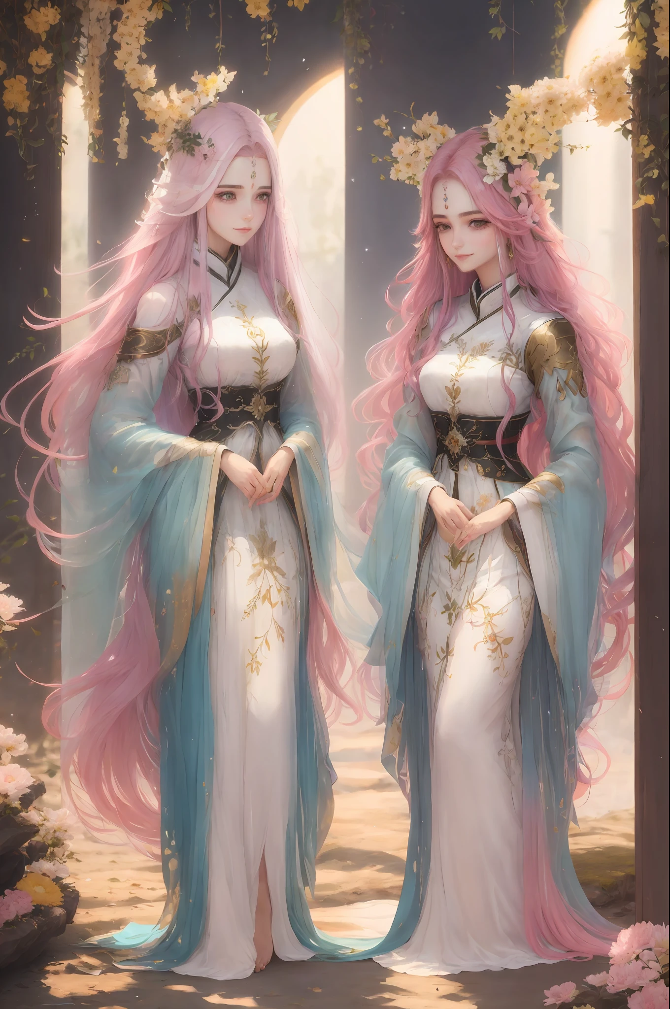 Mulher jovem com idade de 21 anos, fada, cores claras e vibrantes, roupas brilhantes e compostas, asas transparentes e vibrantes atras das costas, long, flowing pink hair, rosto angelical e sorridente, fantastico, fantasia, flores brilhantes ao redor, pequenas luzes ao redor