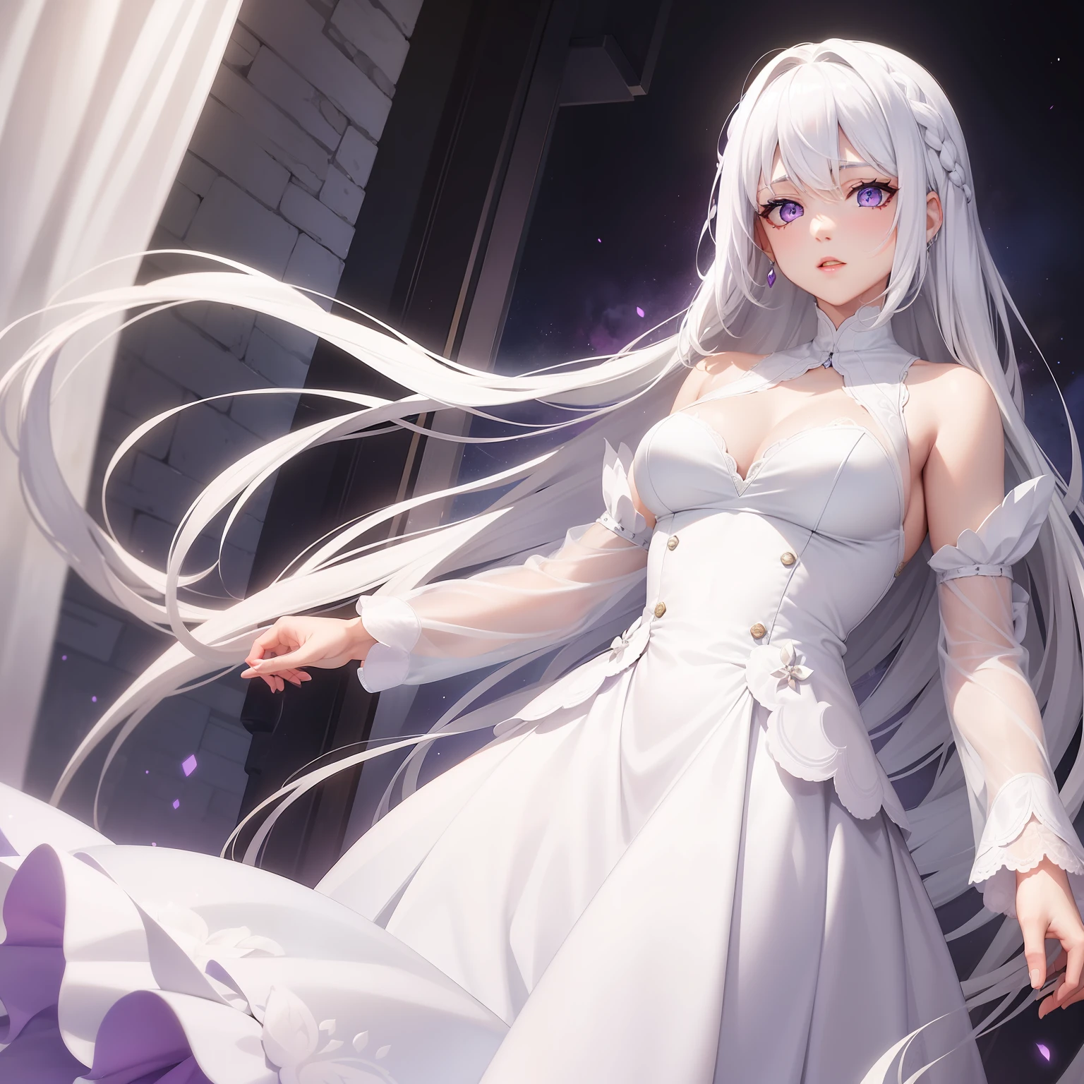 a women, white hair, purple eyes, white dress