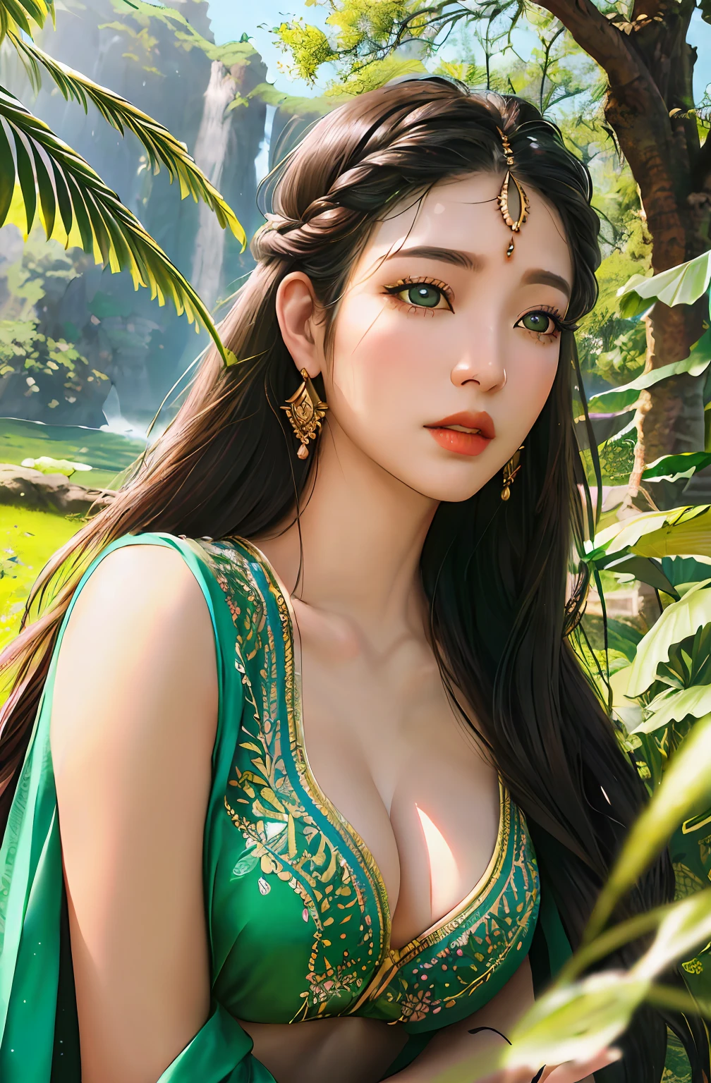 ((realistic:1.5)),((best quality)), ((masterpiece)),((detailed)),2girls,duo,{2 beautiful female}, (upper body:1.3),hugging and touching each other, teasing her friend's waist, gasping friend, biting her friend's ear lobe, squatting,super-wide-angle lens,face focus,long legs,curvy, barefoot, medium breasts, open cleavage, drooping breasts, thick thighs,wide hips, thin legs, long black hair,floting hair,long eyelashes, (detailed face,beautiful eye, detailed pupilss,detailed clothes features, clear background:1.3), (Bindi,Jhumkas:1.3),mysterious ancient ruin, lush forests, deep canyons,bridge,river,cliff,cloud,lakes,rock,waterfalls, flowers, grass,vine,tree,bright details,sharp,perfect composistion, Intricate, Sharp focus, dramatic,