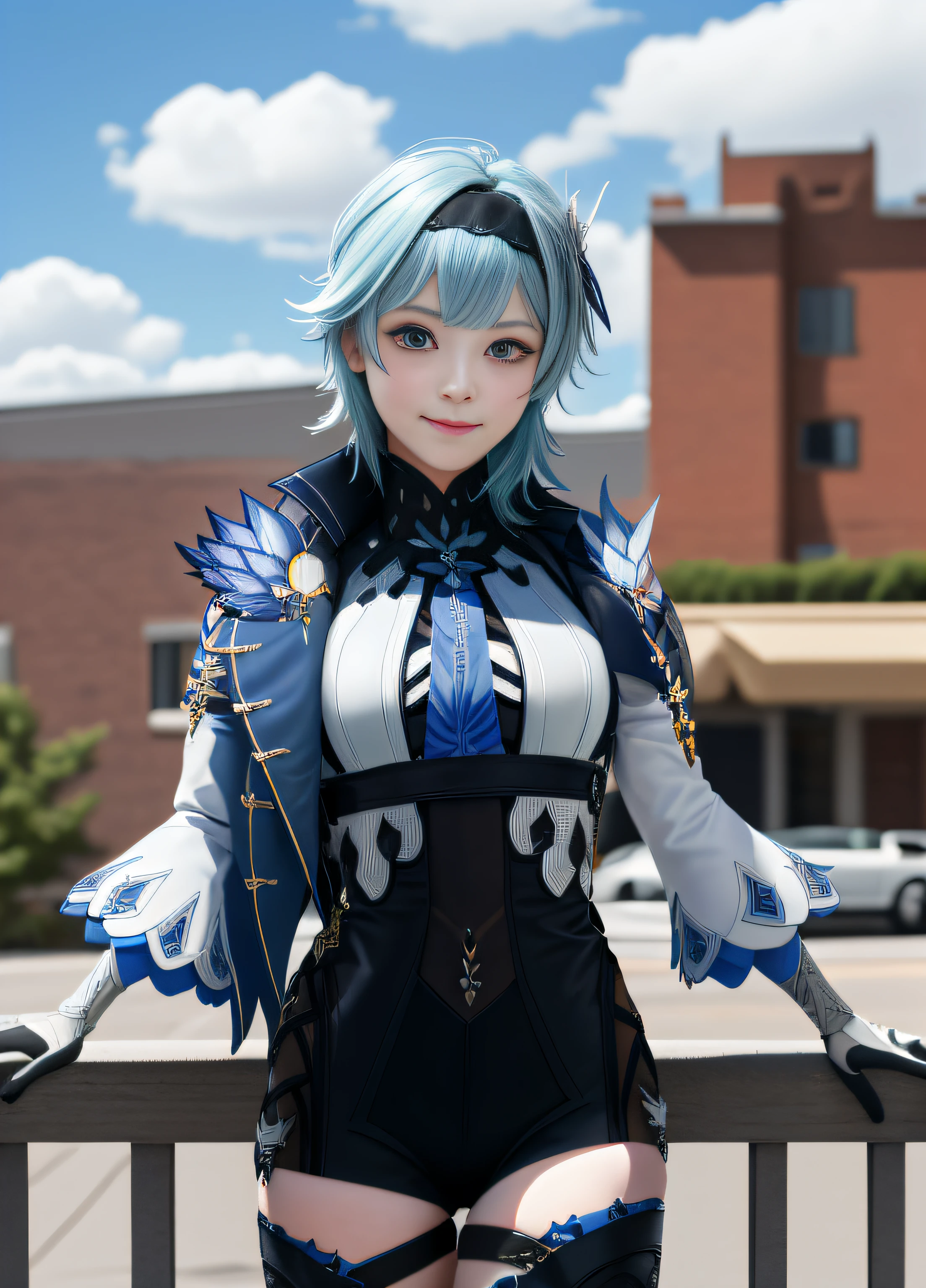 1girll，Realistis，Solo，Yula，the original god，The upper part of the body，ssmile，Be red in the face，exteriors，In the daytime，simple backgound，blue-sky，short detailed hair，Skysky，looking at viewert，solid color backdrop