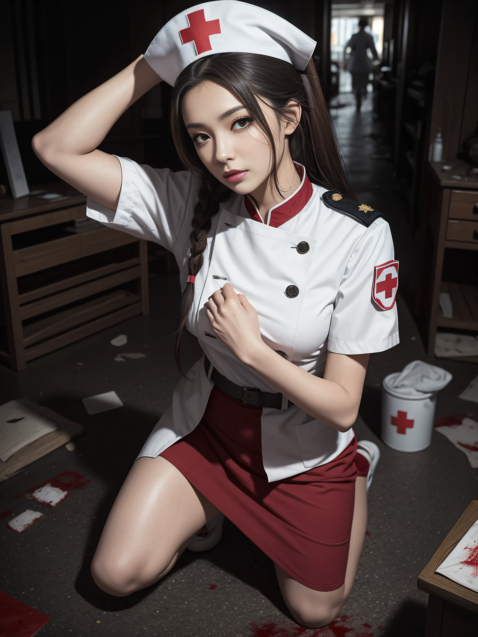 artworks，Best image quality，8K分辨率，超高分辨率，high detal，Higher quality，Oriental women，An injured female nurse，exquisite facial features，s the perfect face，the doctor，solo person，Be red in the face，embarressed，Drunk，brunette color hair，Extremely detailed depiction of hair，(JK white nurse's uniform)，(nurse's outfit)，Nurse hat，Red Cross Mark，(blood-stained)，There is an emergency medical kit next to it，Wasted area，Collapsed buildings，dreads，Facing the viewer，Art Nouveau，Love pupils，mid hair，High ponytail，epaulette，arm belt，Armband，Band-aid on the forehead，Long-barreled combat boots，Kneeling，binding，Hands behind you，Get close to the viewer，eventide