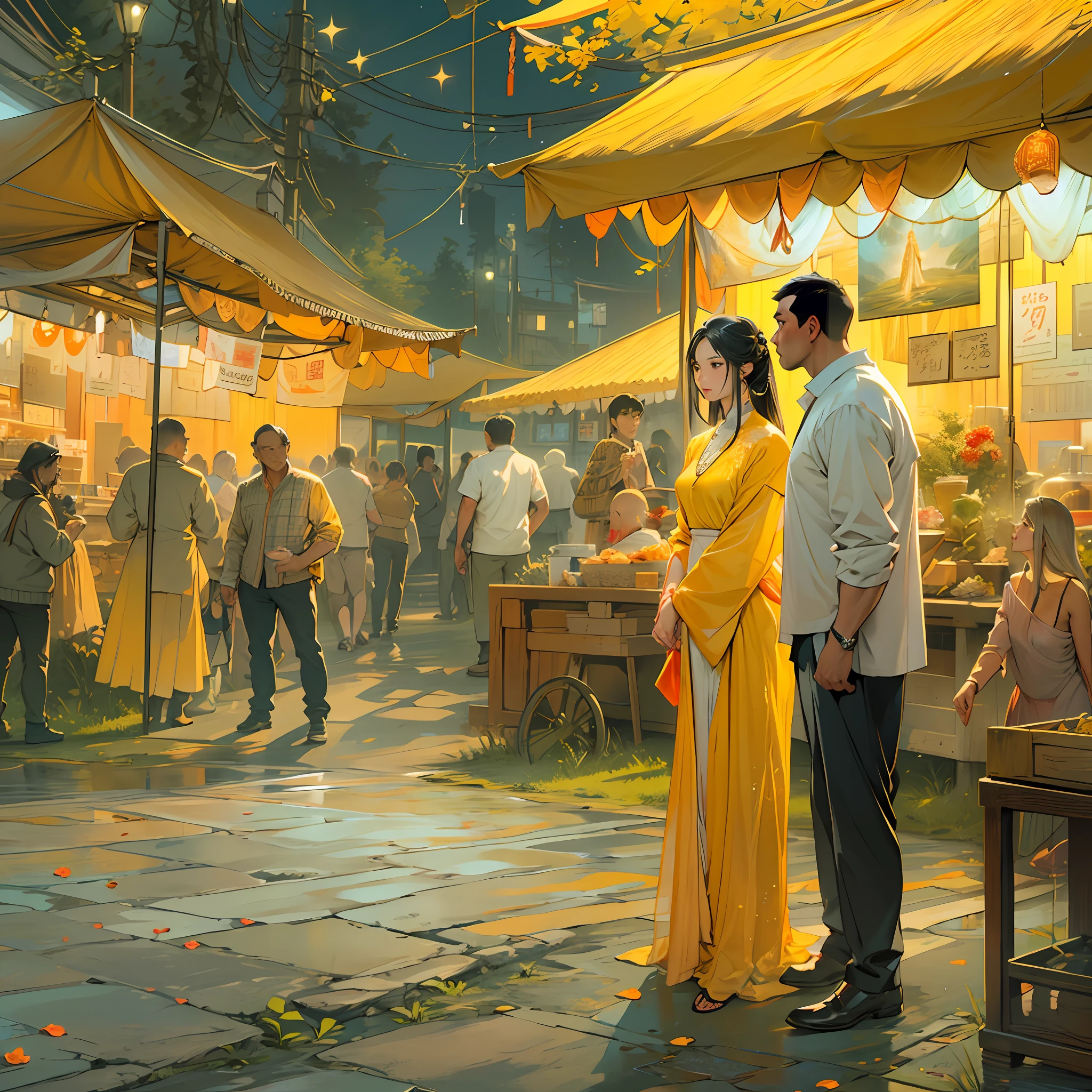 A tall man in yellow came to my stall with a beautiful woman dressed in white，The woman looked around，Seems to be dissatisfied with the environment，And stop talking,in the style of the stars art group xing xing, 32K, Best quality, Masterpiece, Super detail, High details