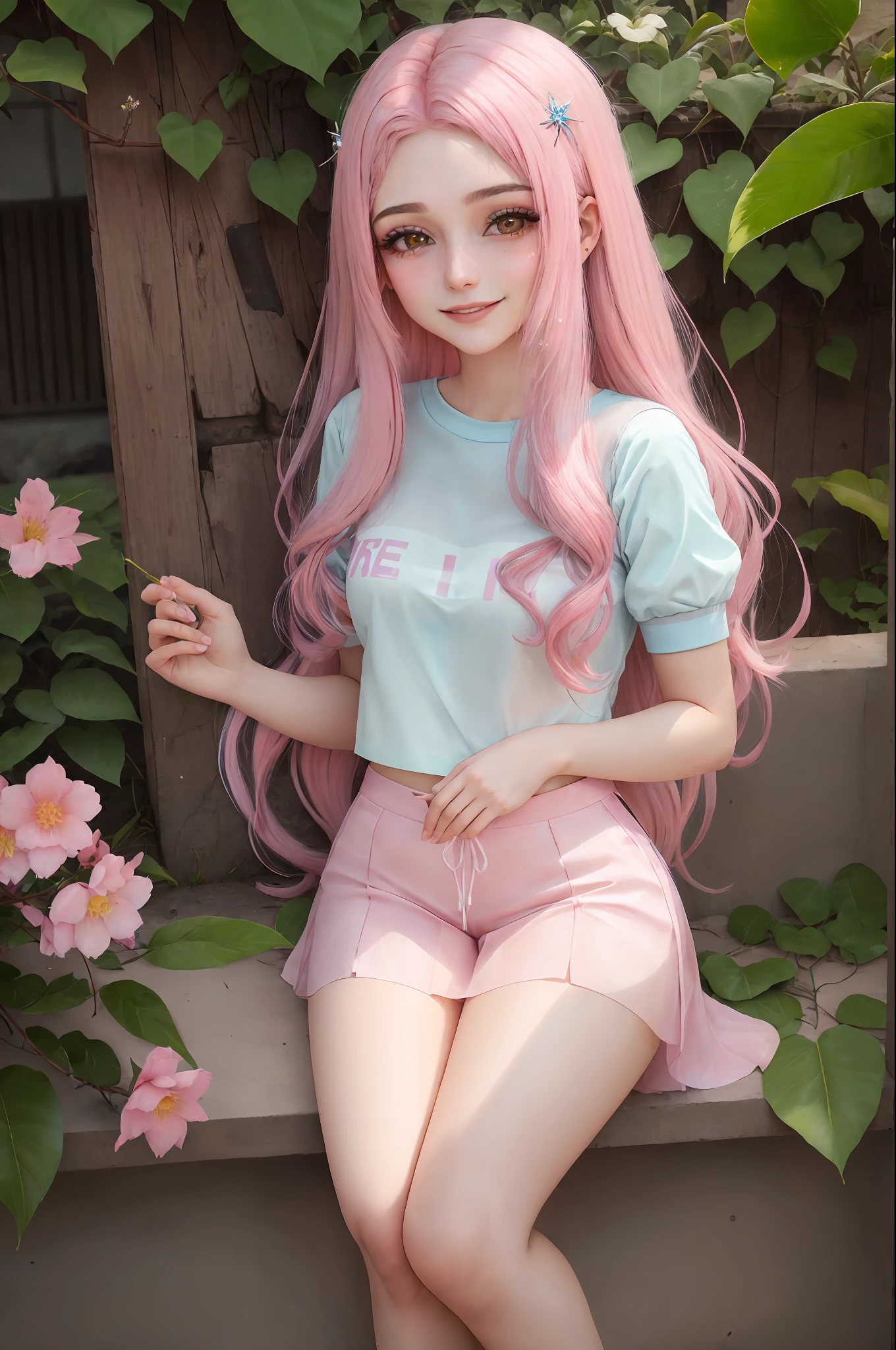 Mulher jovem com idade de 21 anos, fada, cores claras e vibrantes, roupas brilhantes e compostas, asas transparentes e vibrantes atras das costas, long, flowing pink hair, rosto angelical e sorridente, fantastico, fantasia, flores brilhantes ao redor, pequenas luzes ao redor