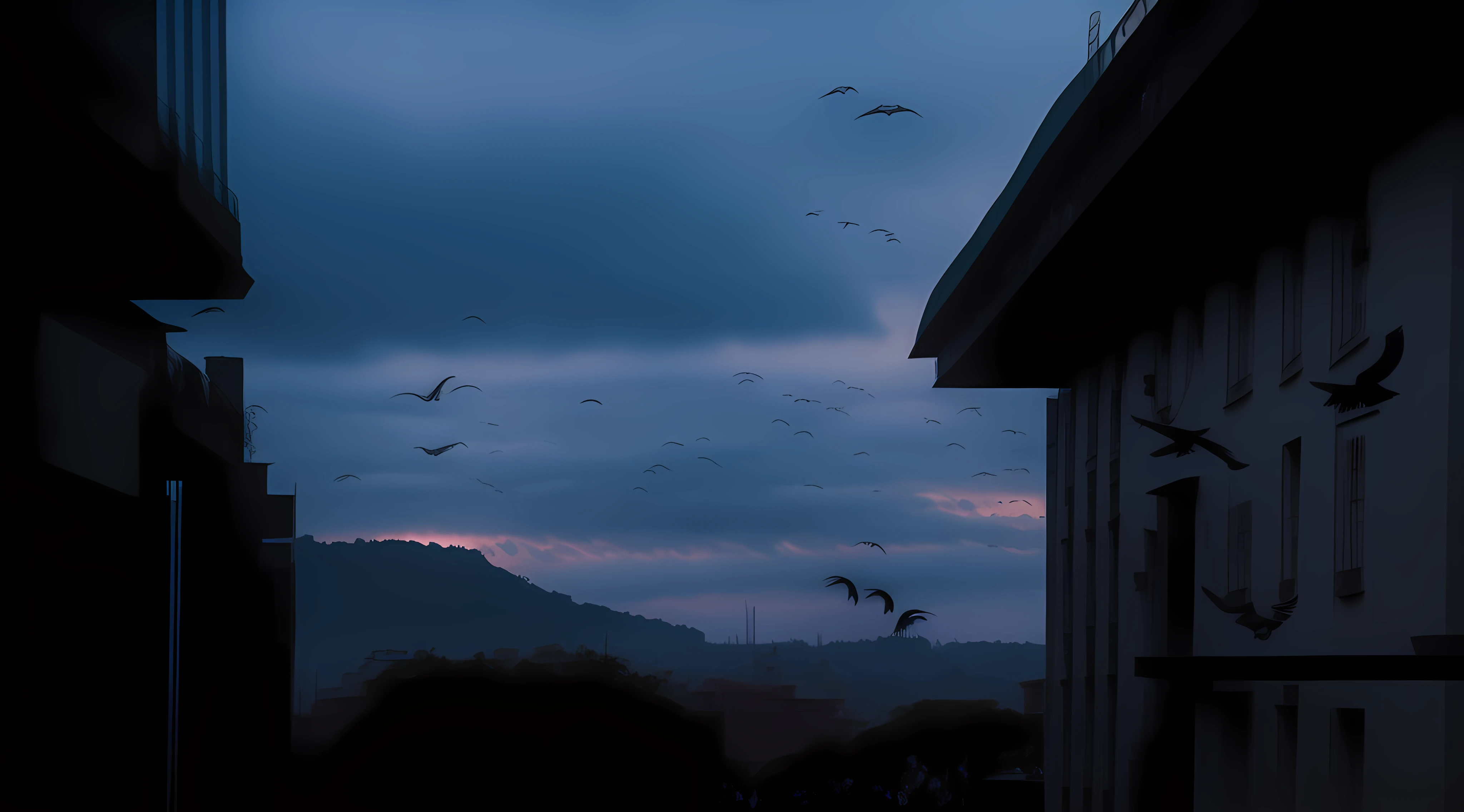 There are a lot of birds flying over the buildings, Gloomy dusk, flying birds in distance, Moody sunset, flying birds in distance, overcast dawn, ravens stormy sky of foreboding, birds in the distance, ominous evening, Birds fly away, Dusk sky, flying birds in distance, early evening, moody sky at the back