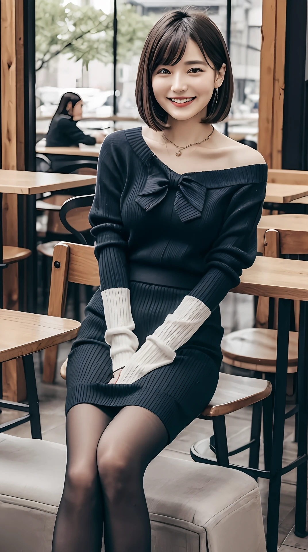 8K UHD, DSLR, Film Grain, Fujifilm XT3, (Best Quality: 1.3), (Masterpiece: 1.1), High Resolution, Cinematic Light, Intricate Detail, (Photorealistic), Outside, Beautiful Outside, Sunny,
Japan girls, (café: 1.5), dimples, bob-cuts, viewer watch, detailed trees, ribbons, bow ties, bare shoulders, ribbed sweaters,
pencil skirt, high waist skirt, headrest, sitting, indoor,
necklace, black pantyhose, sheet transport sweater, (smile), slender (full body: 1.6),