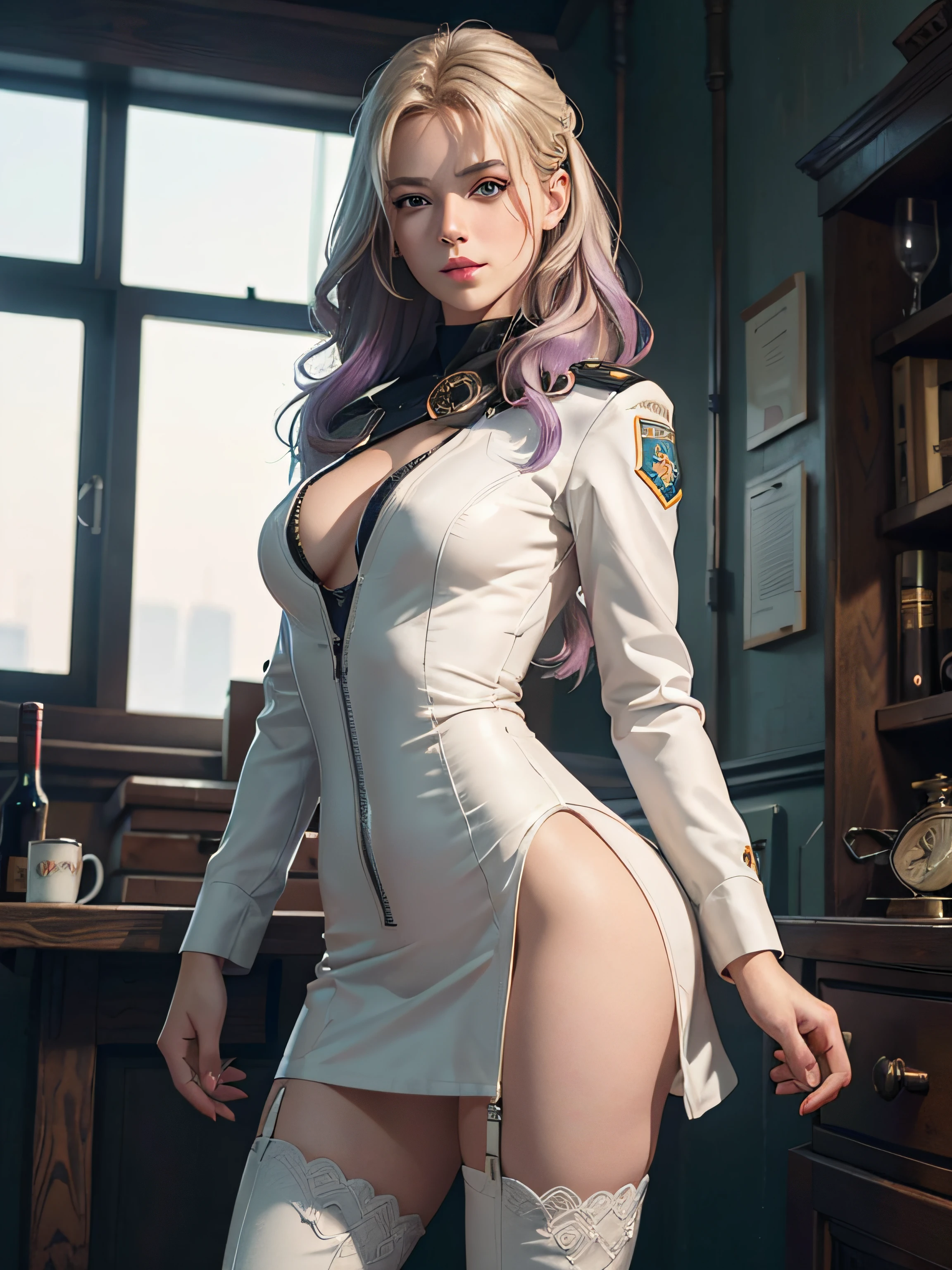 woman(1girll,tmasterpiece,best qualityer,Hyper-detailing,illustratio,Fine and detailed eyes and detailed face) garments:Wearing an officer's uniform,White tight uniform,Wearing white officer boots,Over-the-knee boots,The boots are old, The cuffs of the boots reveal a pair of small black stockings,Female general,military officer,big boot,Boots leaking,allure:blond hairbl,Cold,Natural makeup,Wide buttock,big feet,maternal,looking at viewert,best qualtiy,8K,slender leg,Detailed face and skin texture,Detailed eyes,full bodyesbian,Walking forward,独奏,big assa,thick thight,Military Office Background,are standing,Beautiful vintage colors for the audience,Instagram(realisticlying,A high resolution:1.4),((puffy eye)),looking at viewert,,full bodyesbian(8K,RAW photos,best qualtiy,tmasterpiece:1.2),(realisticlying,Photorealistic:1.37),(Sharp focus:1.2), profesional lighting, photon maping, Radio City, physically-based renderingt, (paleskin:1.2),(smallunderboob:1.2), looking at viewert, (mid hair:1.5), Portrait,Purple pupils,(silber hair:1.1),By bangs,(simplebackground:1.4),独奏,full bodyesbian,photorealestic,(tmasterpiece:1.4),(Best picture quality:1.4),(with fair skin),Mage Sister,Makeup,ssmile(being thin,Keep one's mouth shut,is shy:1.3),(standing on your feet,,A Necromancer:1.1),medium chest circumference,sexyposture, woman(1girll,tmasterpiece,best qualityer,Hyper-detailing,illustratio,Fine and detailed eyes and detailed face)