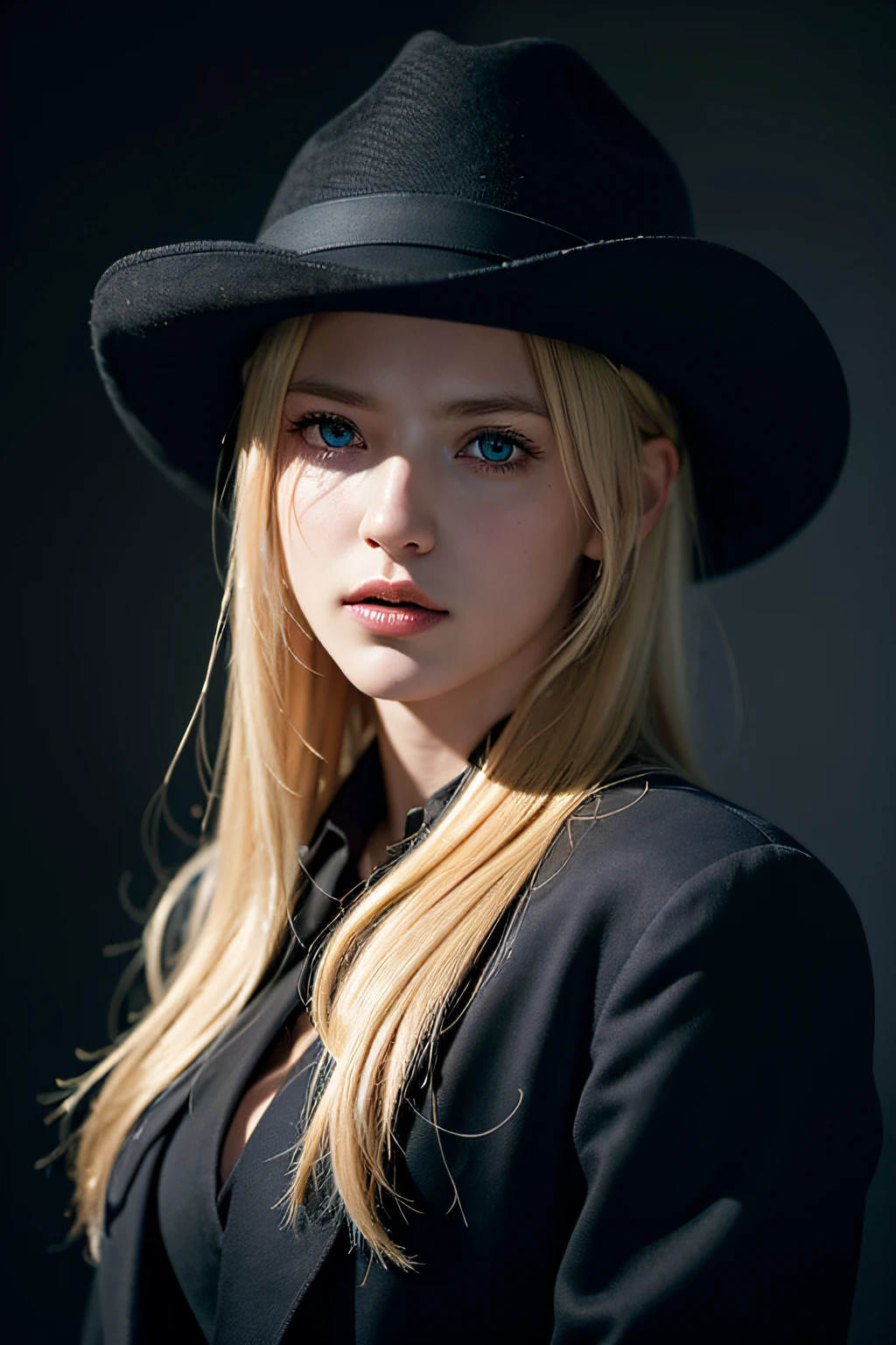 Best quality, masterpiece, ultra high res, (photorealistic:1.4), raw photo, 1girl, blonde hair, blue eyes, detailed eyes and face, black suit, dynamic lighting, in the dark, deep shadow, low key, cowboy shot full-lenght body