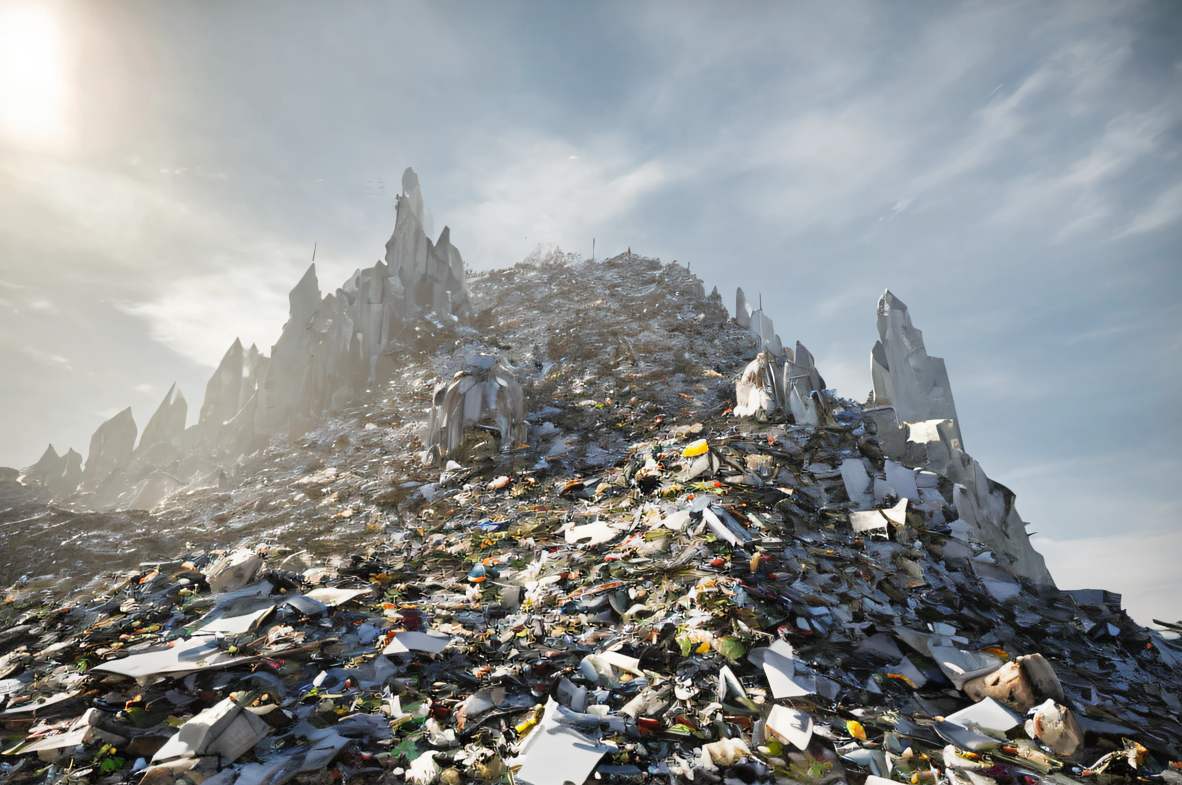 Post-apocalyptic snowy mountains，shattered crystal spires，Garbage is scattered，broken machanical，Household waste，Garbage dispersal