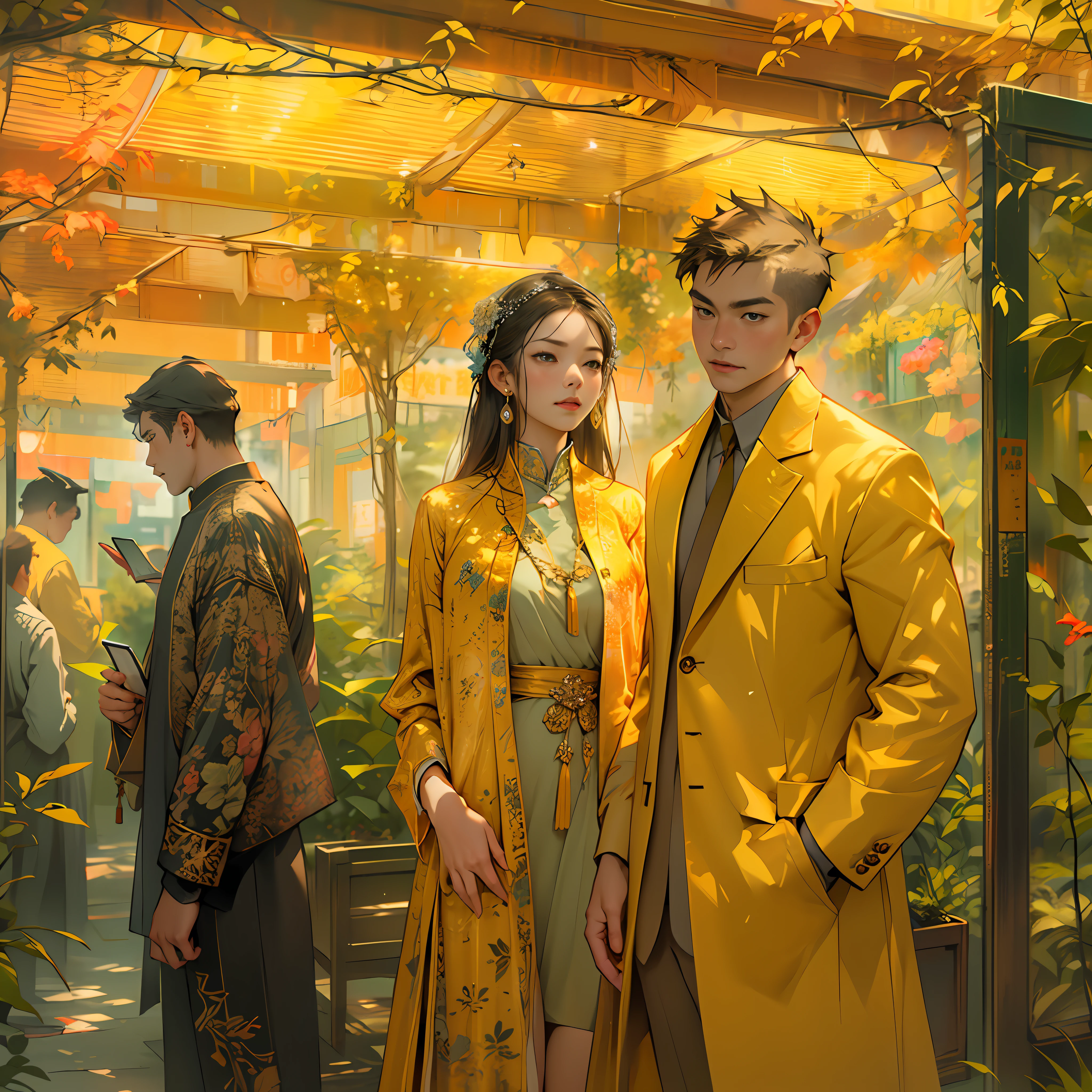 A tall man in yellow came to my booth with a delicate woman,The woman looked around,Seems to be dissatisfied with the environment,And stop talking,in the style of the stars art group xing xing, 32K, Best quality, Masterpiece, Super detail, High details,