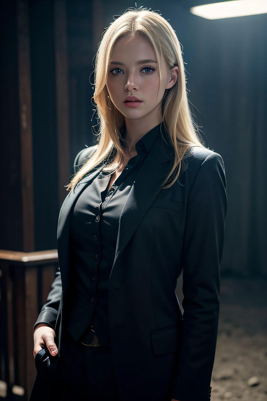 Best quality, masterpiece, ultra high res, (photorealistic:1.4), raw photo, 1girl, blonde hair, blue eyes, detailed eyes and face, black suit, dynamic lighting, in the dark, deep shadow, low key, cowboy shot full-lenght body