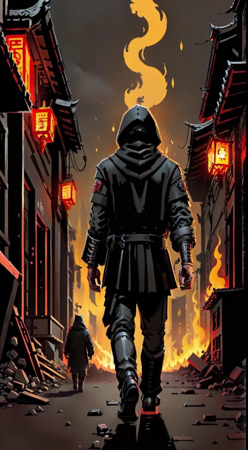 A man in black wearing a black hood walks with his back to the picture in a burned alley in the style of a ninja scroll, cyberpunk chinese ancient castle, dreamy Chinese towns,An ancient city on fire, burning city background, Bad luck in the alley, victo ngai. Unreal Engine is your background-based