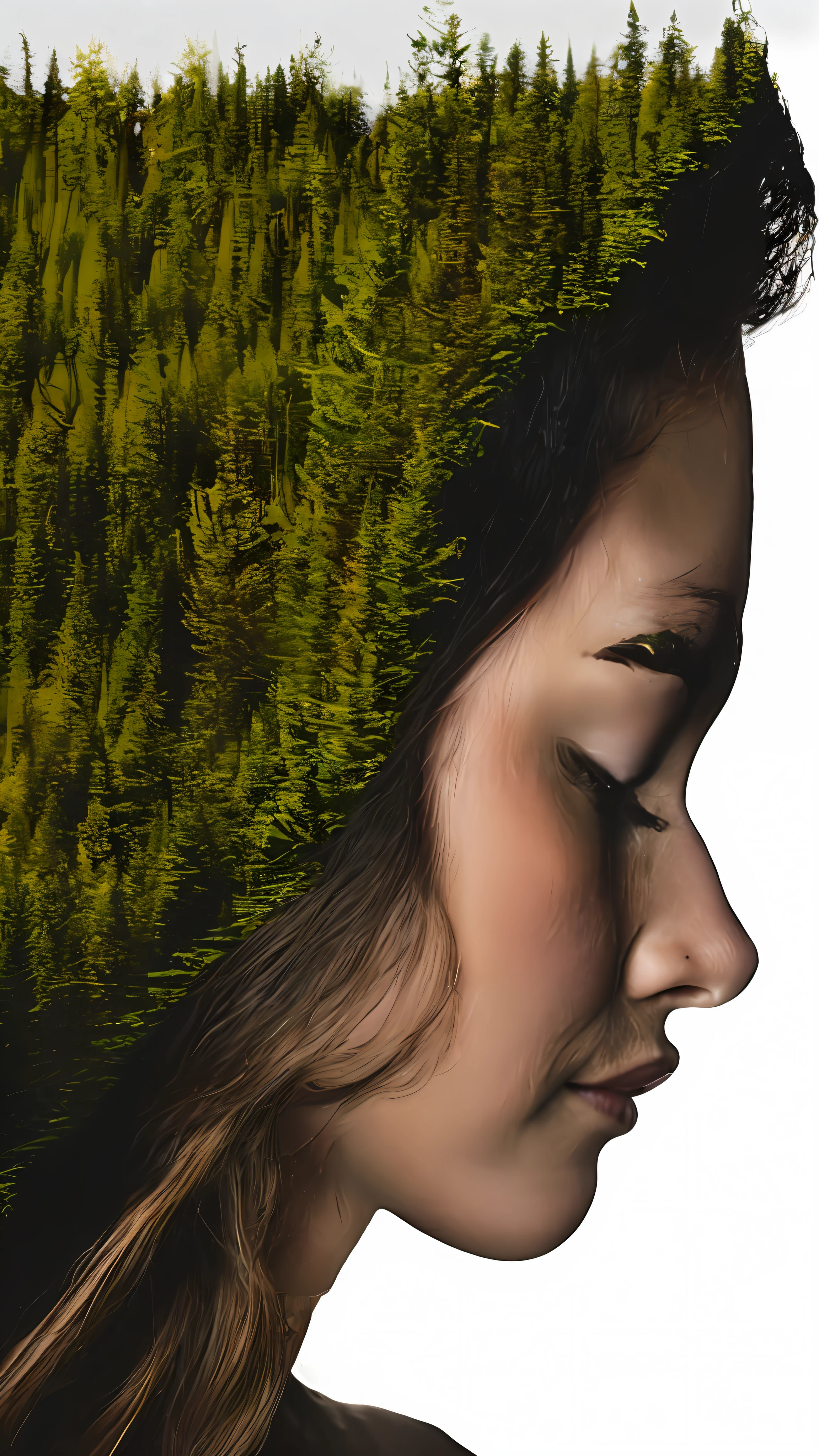 dblxp close-up profile of a woman made out of a forest, white background
