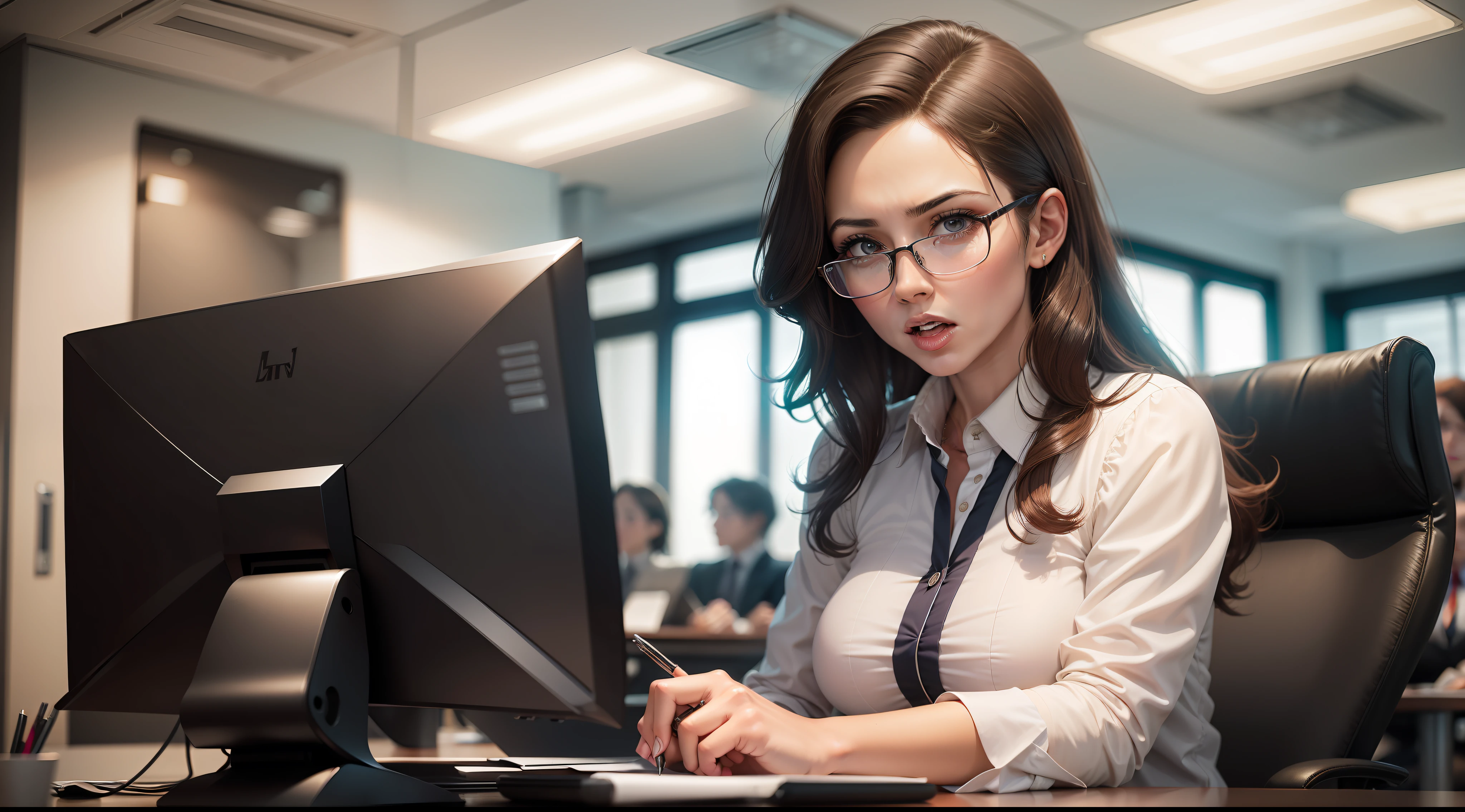 A confident and professional female lawyer briefing her colleagues in a modern office setting.