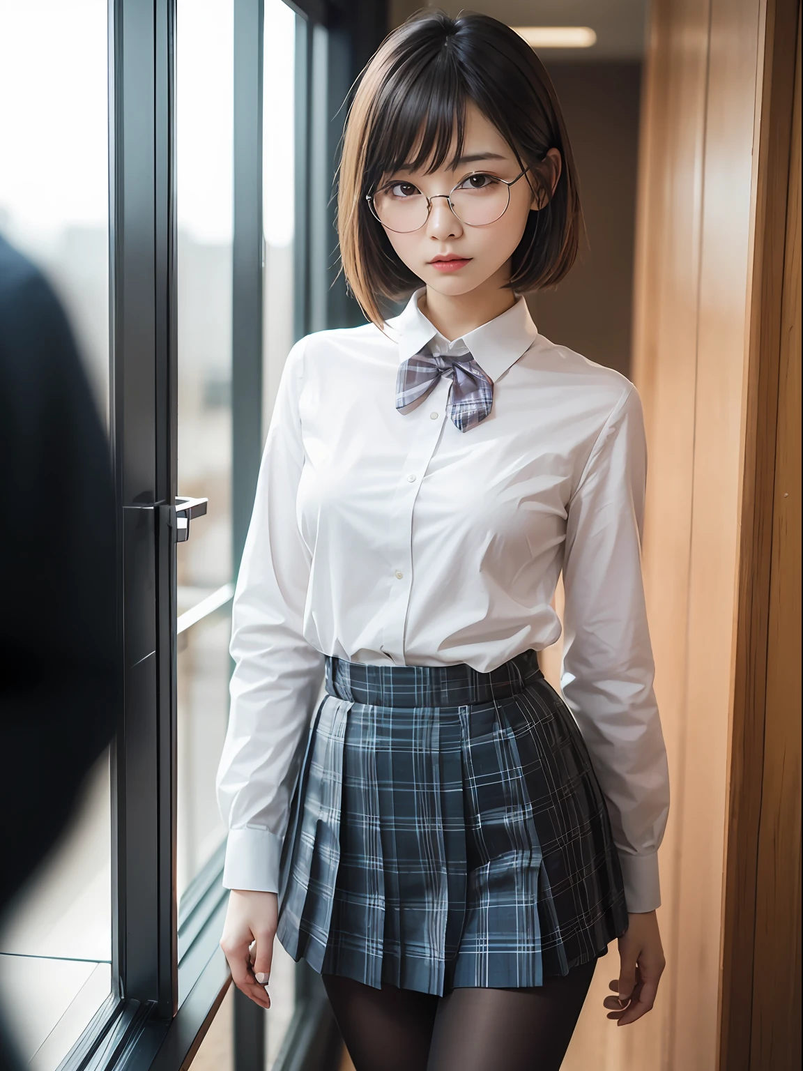 (8K、Raw photography、top-quality、masterpiece:1.2),Black pantyhose,absurderes,a small face,small tits,flat breast,Parting the bangs from the middle、Forehead visible,(Tight eyes,Bullish,skinny,Rasping,irate)、masterpiece,top-quality、超A high resolution,Raw photo,ren,Beautiful fece,One Person, 独奏,eye glass,,Dark look,Small breasts,fullllbody,Round glasses、cute little、A Japanese Lady,is standing,(Tight eyes,Bullish,skinny,Rasping,irate,small tits,flat breast)、(Photorealsitic:1.37)、Photon mapping,Light blue ribbon,Realistic、Cute little face,Brown-eyed、Black socks、(Red bow tie)、Radio City、Physically Based Rendering、Foreground、depth of fields、Blurry background、a picture,The girls、Body, Long legs, Thin leg,poneyTail,(Bangs are visible), hair, s lips, Blue_The eye, nosesoft,White shirt, Navy blue and white plaid pleated skirt, Knees are visible,Sheer clothing,, Thigh, Black cotton socks,Nogizaka Idol, 女優, Japanese ido