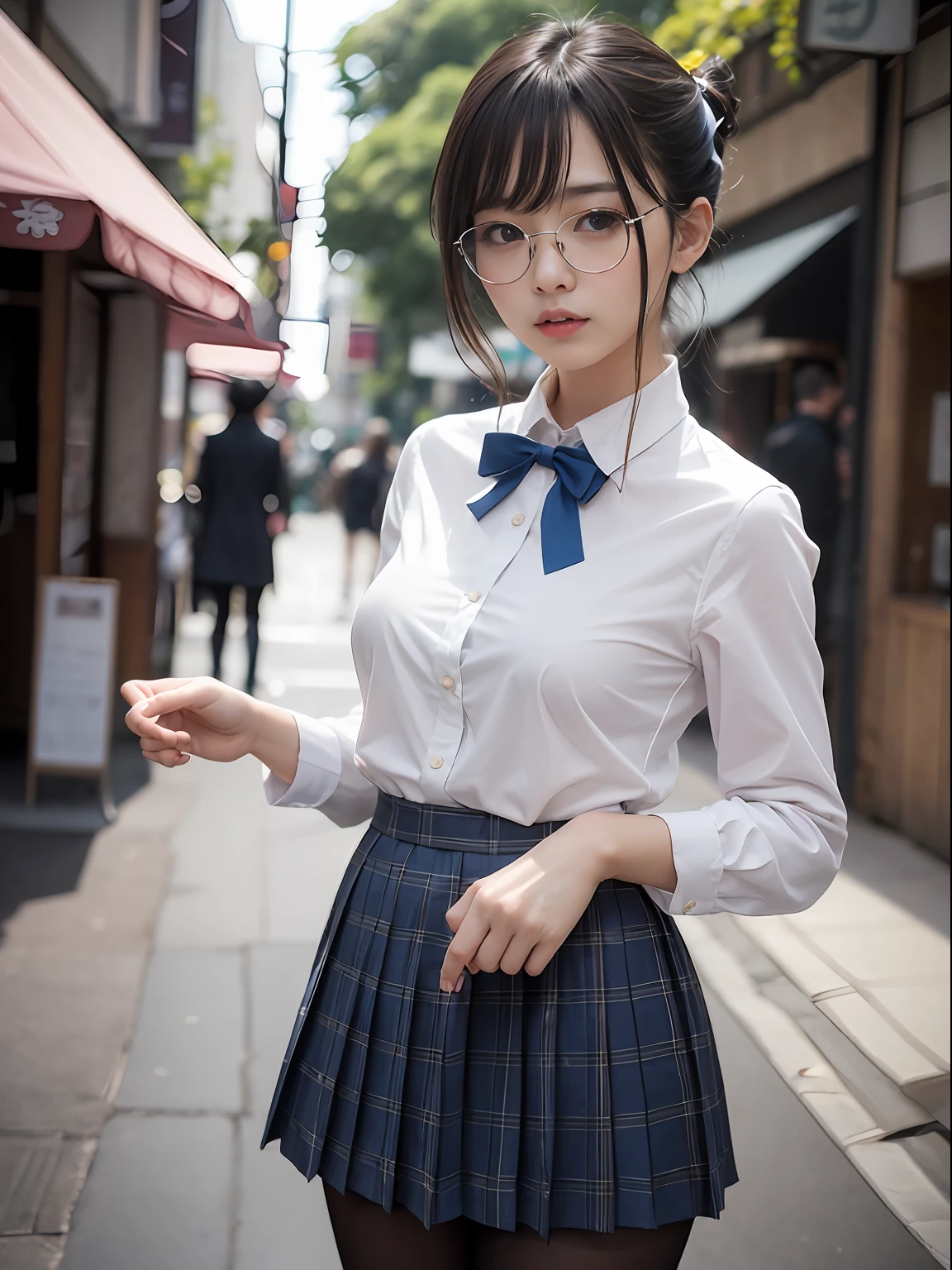 (8K、Raw photography、top-quality、masterpiece:1.2),Black pantyhose,absurderes,a small face,small tits,flat breast,Parting the bangs from the middle、Forehead visible,(Tight eyes,Bullish,skinny,Rasping,irate)、masterpiece,top-quality、超A high resolution,Raw photo,ren,Beautiful fece,One Person, 独奏,eye glass,,Dark look,Small breasts,fullllbody,Round glasses、cute little、A Japanese Lady,is standing,(Tight eyes,Bullish,skinny,Rasping,irate,small tits,flat breast)、(Photorealsitic:1.37)、Photon mapping,Light blue ribbon,Realistic、Cute little face,Brown-eyed、Black socks、(Red bow tie)、Radio City、Physically Based Rendering、Foreground、depth of fields、Blurry background、a picture,The girls、Body, Long legs, Thin leg,poneyTail,(Bangs are visible), hair, s lips, Blue_The eye, nosesoft,White shirt, Navy blue and white plaid pleated skirt, Knees are visible,Sheer clothing,, Thigh, Black cotton socks,Nogizaka Idol, 女優, Japanese ido
