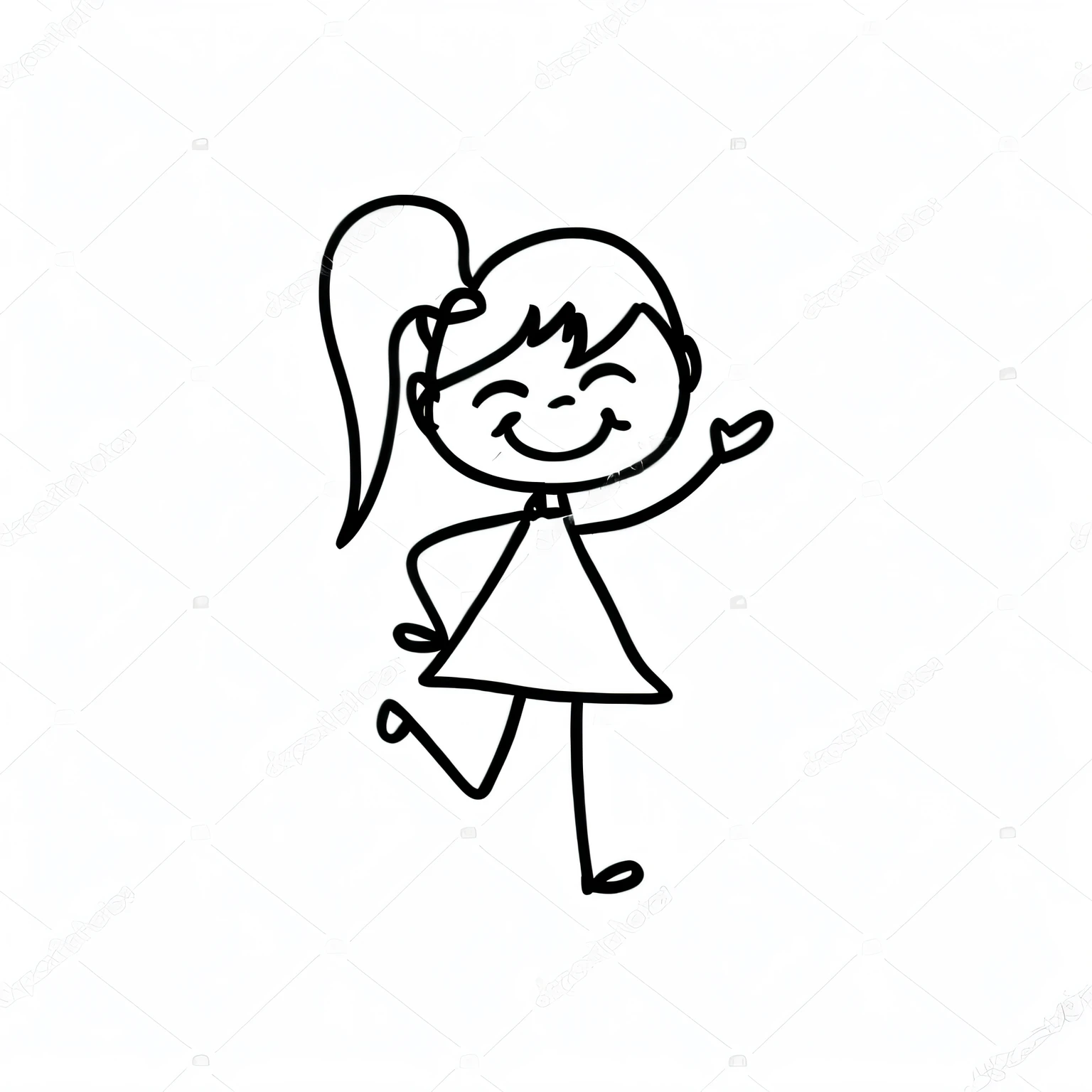 um desenho preto e branco de uma menina com rabos de cavalo e um vestido, estilo de desenho animado simples, desenho animado simples, hand drawn cartoon, dancing character, figura do palito, desenho simples, menina feliz, personagem bonito dos desenhos animados, kawaii Playful pose of a dancer, desenho dos desenhos animados, arte de linha simples, girl sketch, outlined hand drawn, doodle hand drawn, she is dancing, estilo bonito dos desenhos animados